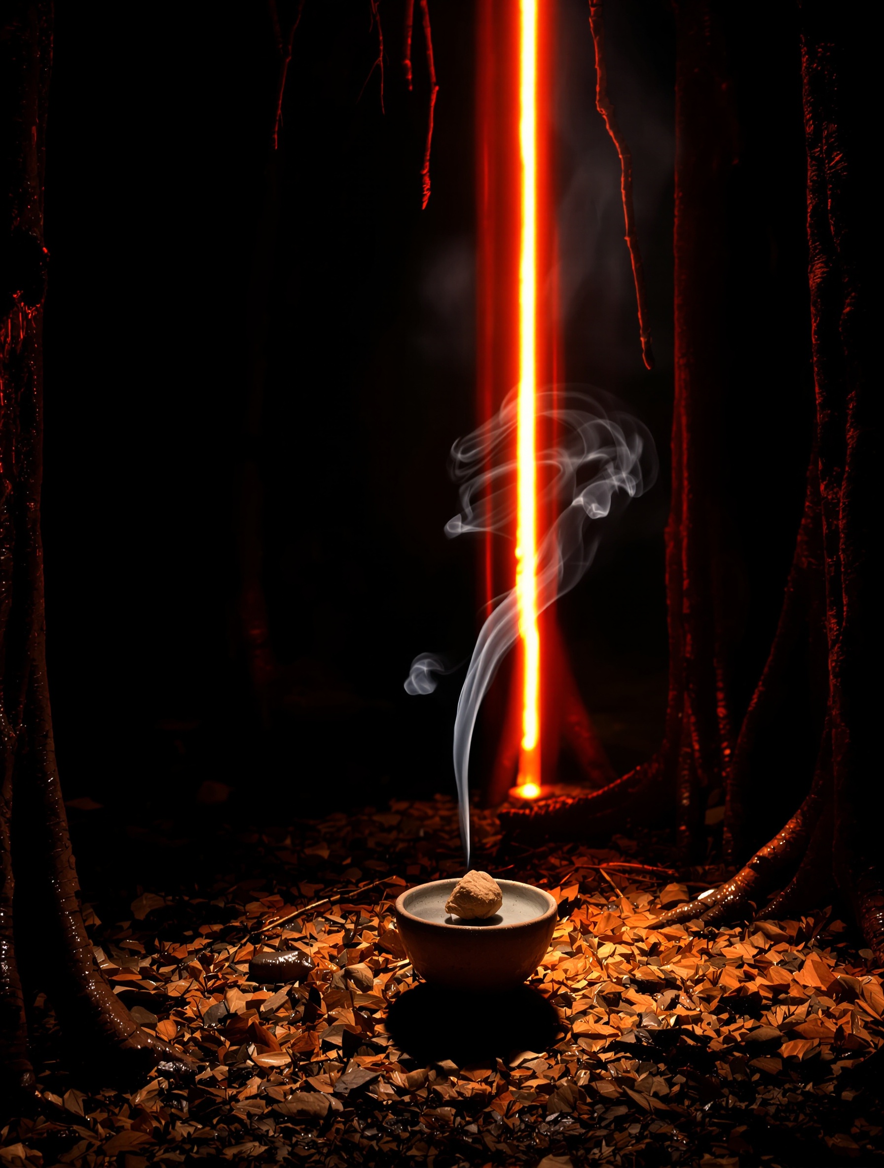 A clay oud burner smoking in a shaft of red forest light, conjuring the Cambodian wood heart of Crimson Cambodia.