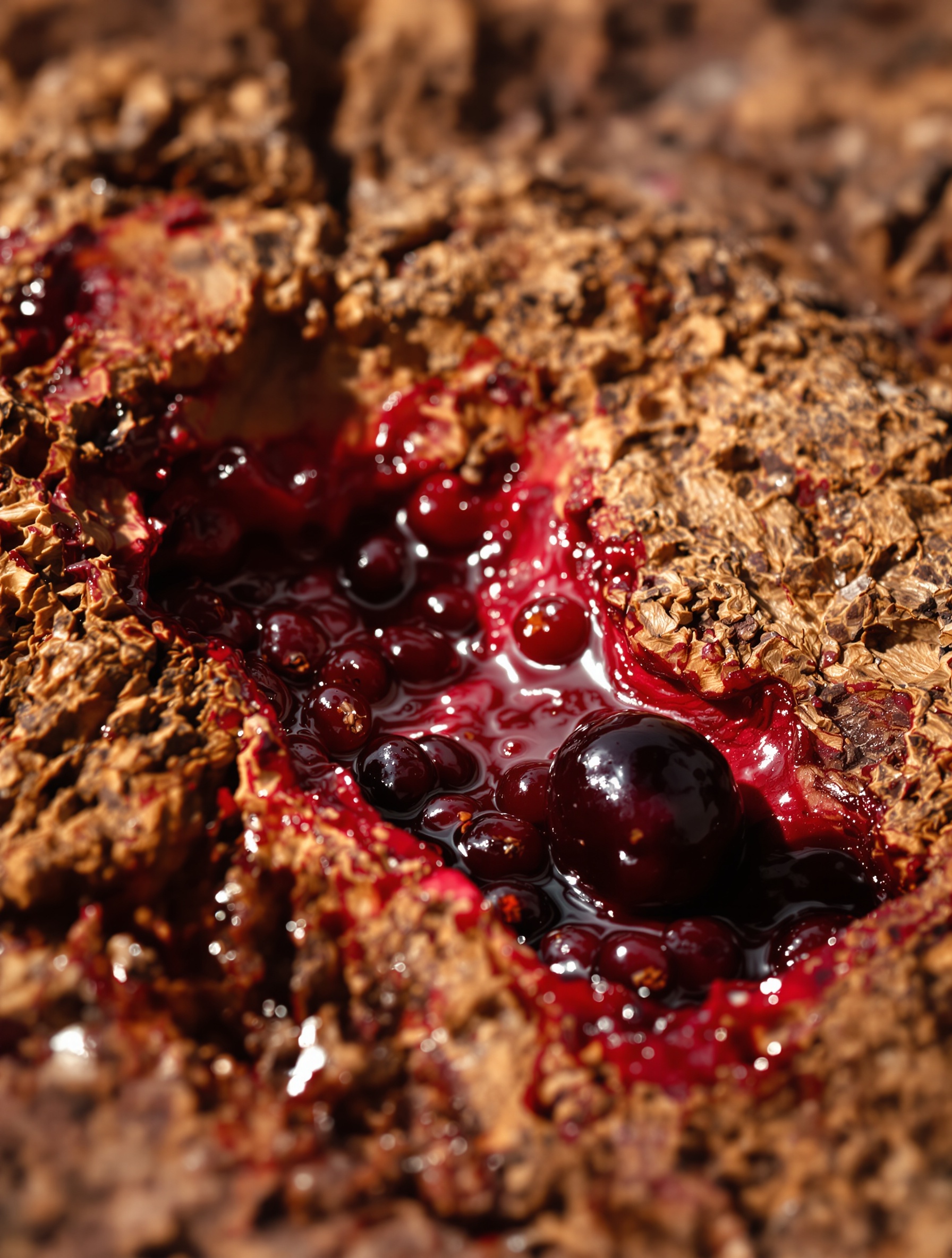 Split blackcurrant and cherry bleeding crimson into raw oud wood grain, the fruit-stained opening of Crimson Cambodia made visible.