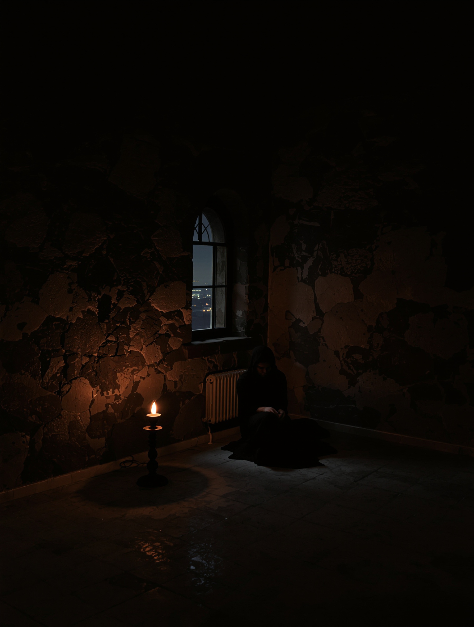 A solitary figure sealed inside a smoke-saturated room, the outside world visible but irrelevant, evoking Black Afgano's hermetic soul.
