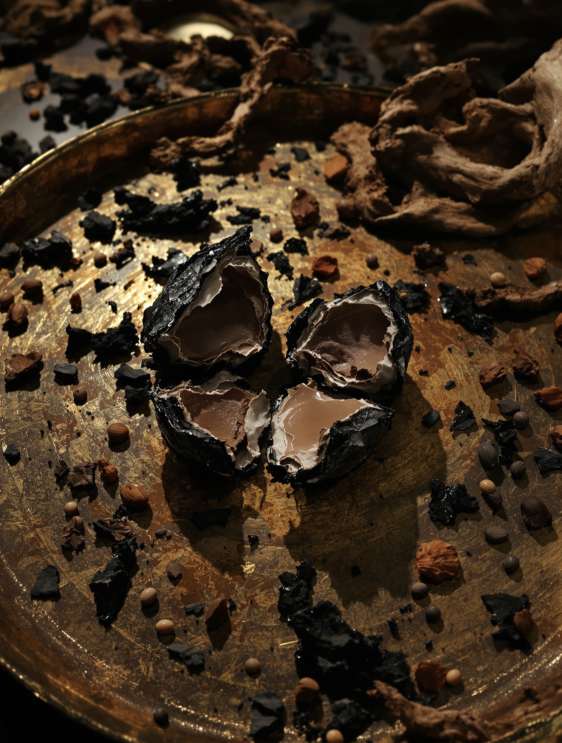 Sebuah kantung musk yang terbelah, bertakhta di atas nampan kuningan bernoda resin yang diterangi satu lidah api minyak, dikelilingi oleh carob yang telah mengering dan serpihan kulit kayu dalam bayang-bayang amber yang dalam.