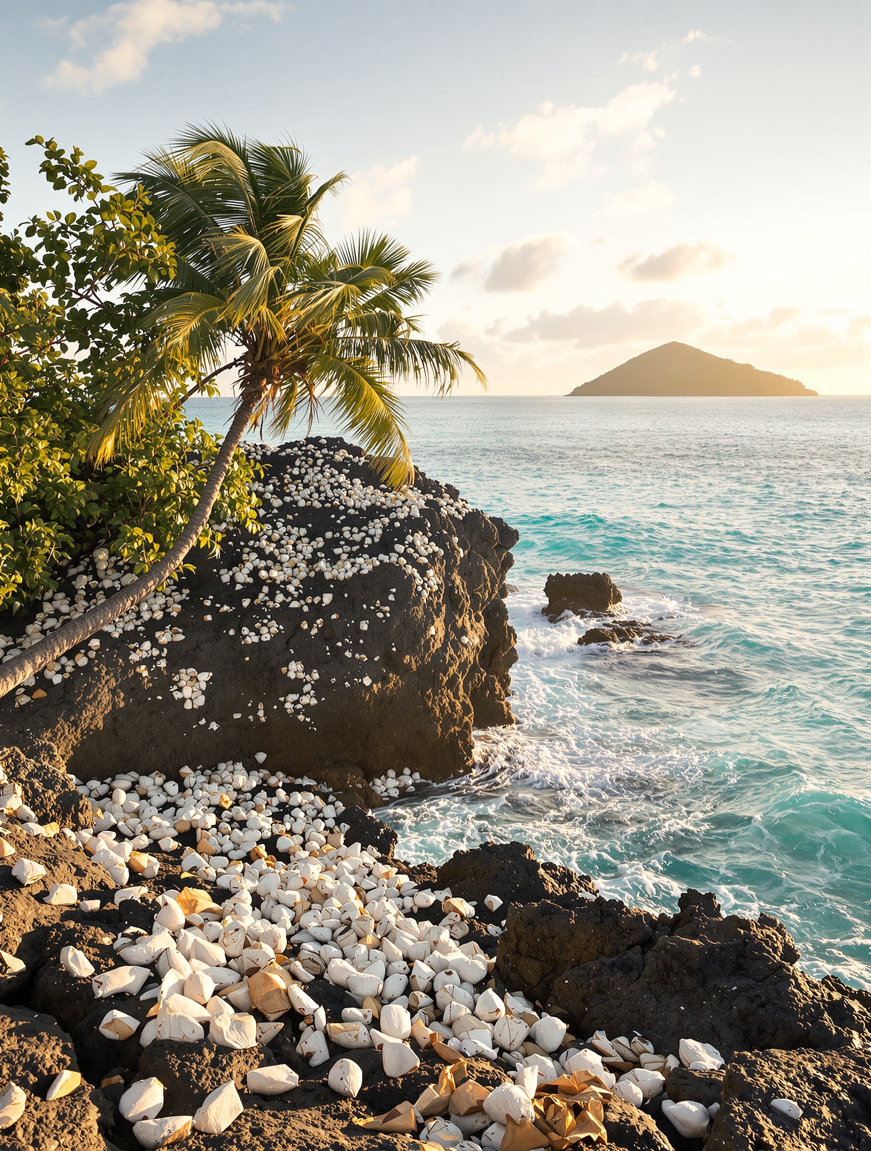 Wind-bent sea grape tree over sun-raked volcanic rock strewn with bleached coconut husks, the shivering turquoise sea below catching last amber light as a distant island dissolves in haze.
