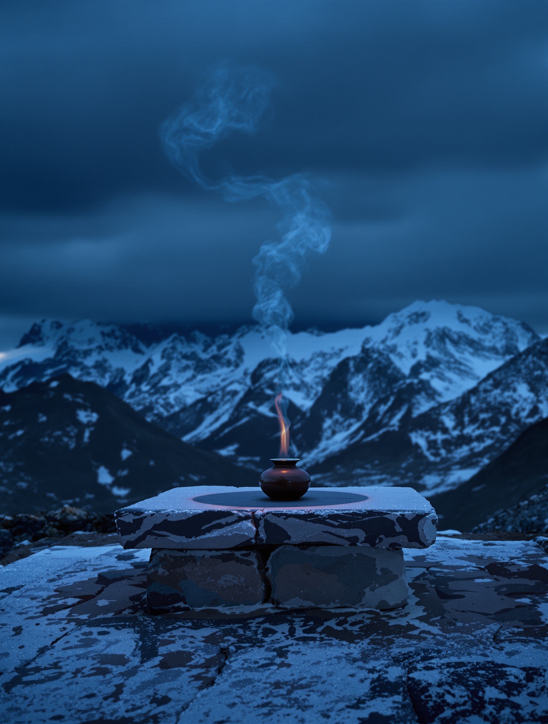 Sebuah wadah tersegel bernoda minyak di atas altar batu Tibet saat senja membangkitkan kesakralan hewani dari Musk Yusuf.