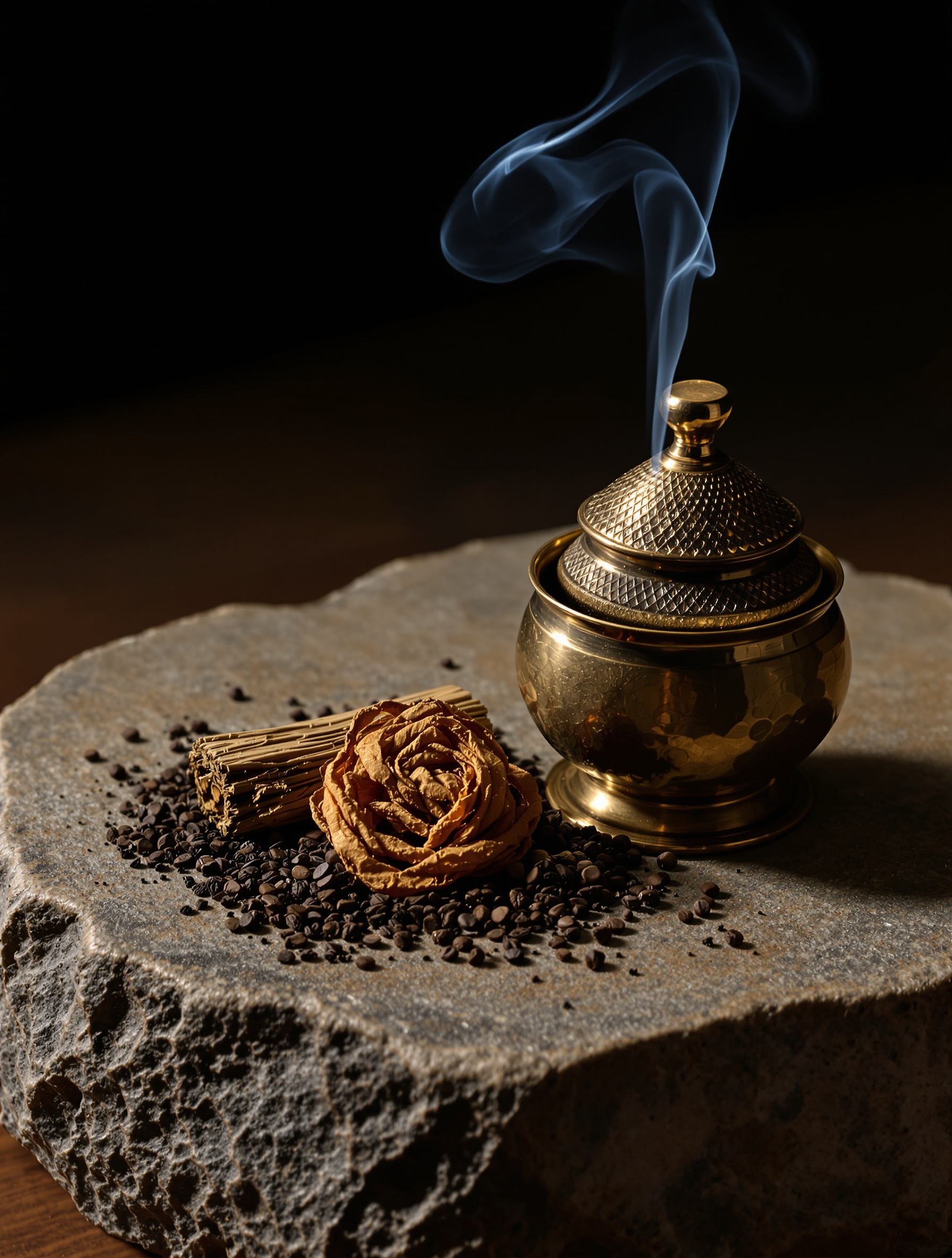 A raking amber light illuminates a brass censer, dark coffee grounds, and a fragment of oud resin on worn stone, a whisper of smoke dissolving into blackness above them.