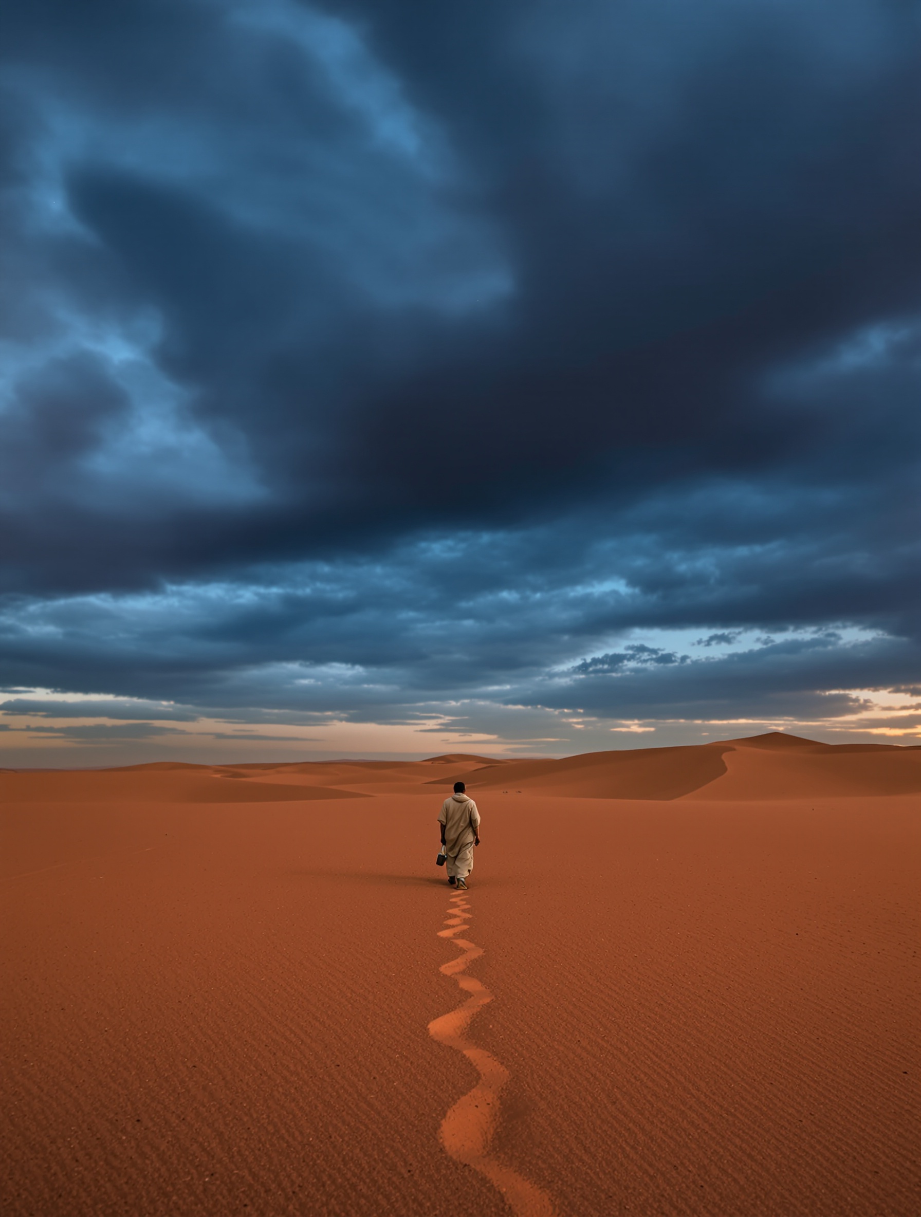 A solitary figure at desert dusk embodies the austere grandeur of L'Air du Désert Marocain.