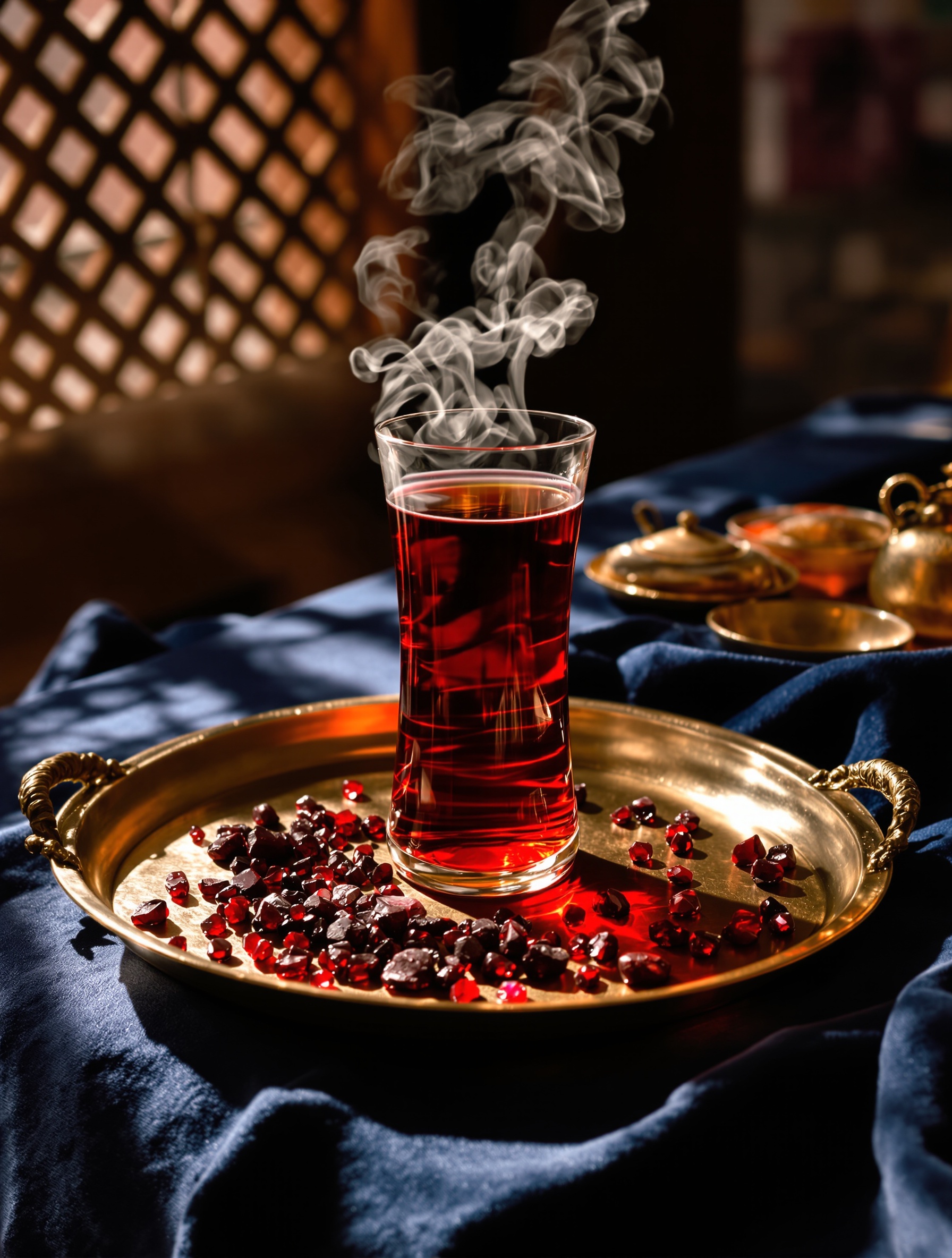 Bingkai utama untuk Hibiscus Mahajád: teh karkadé merah darah dan batu garnet mentah berbagi rona merah keunguan yang sama di atas kain seorang pedagang indigo.