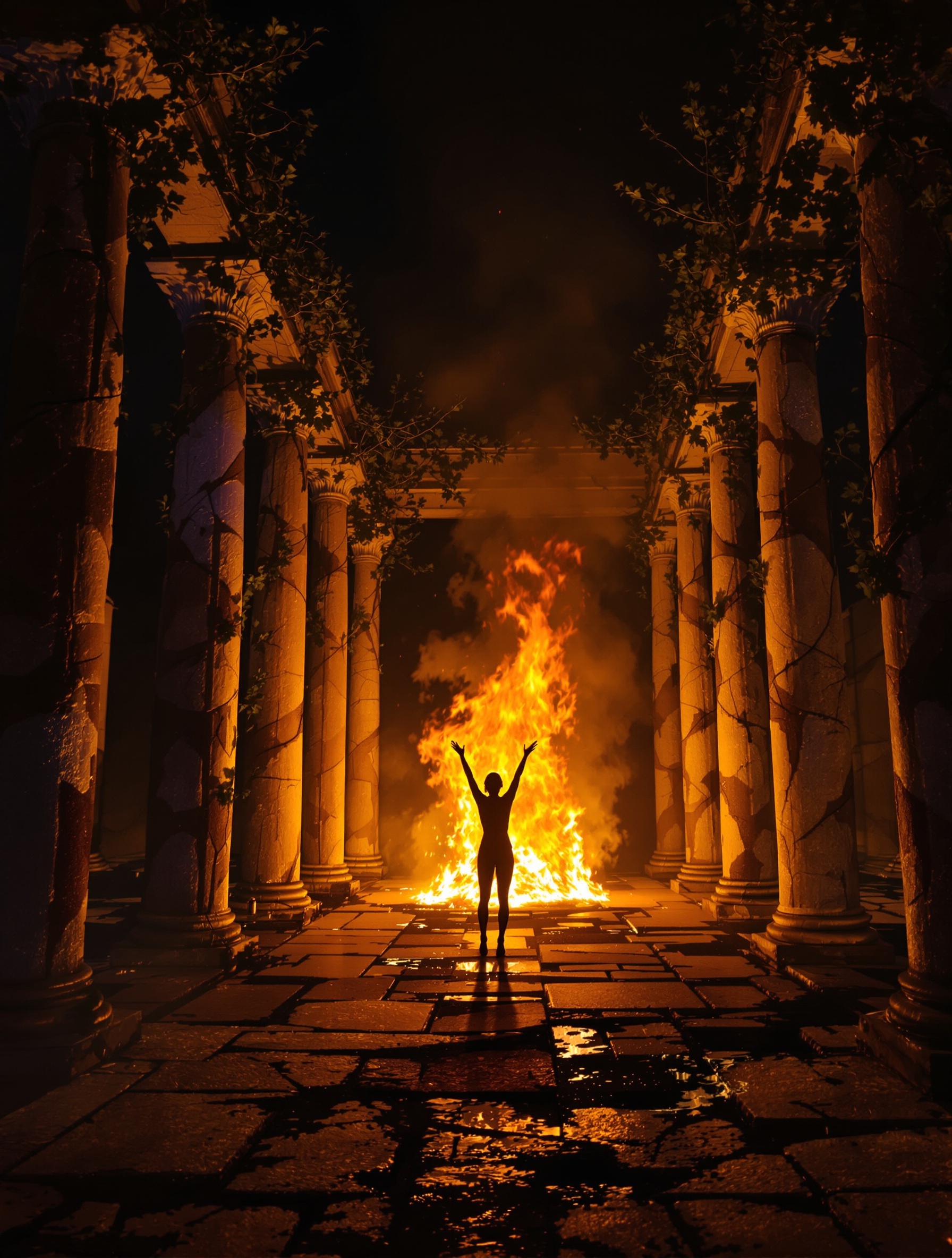 A silhouetted figure with raised arms before a bonfire among vine-draped Roman ruins, evoking the nocturnal abandon of Triumph of Bacchus by Argos.