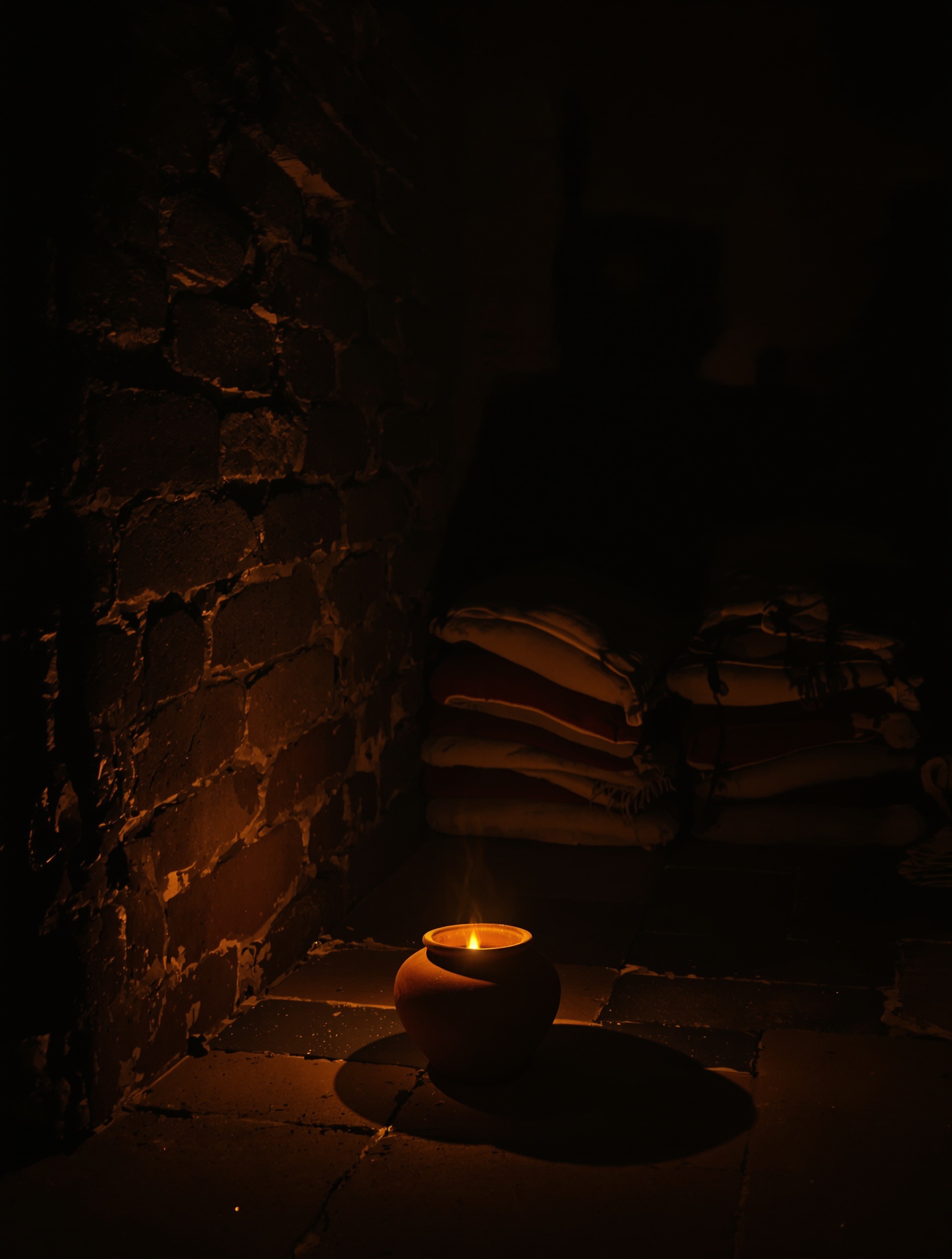A solitary oil flame in a ruined caravanserai breathes the night soul of L'Air du Désert Marocain.