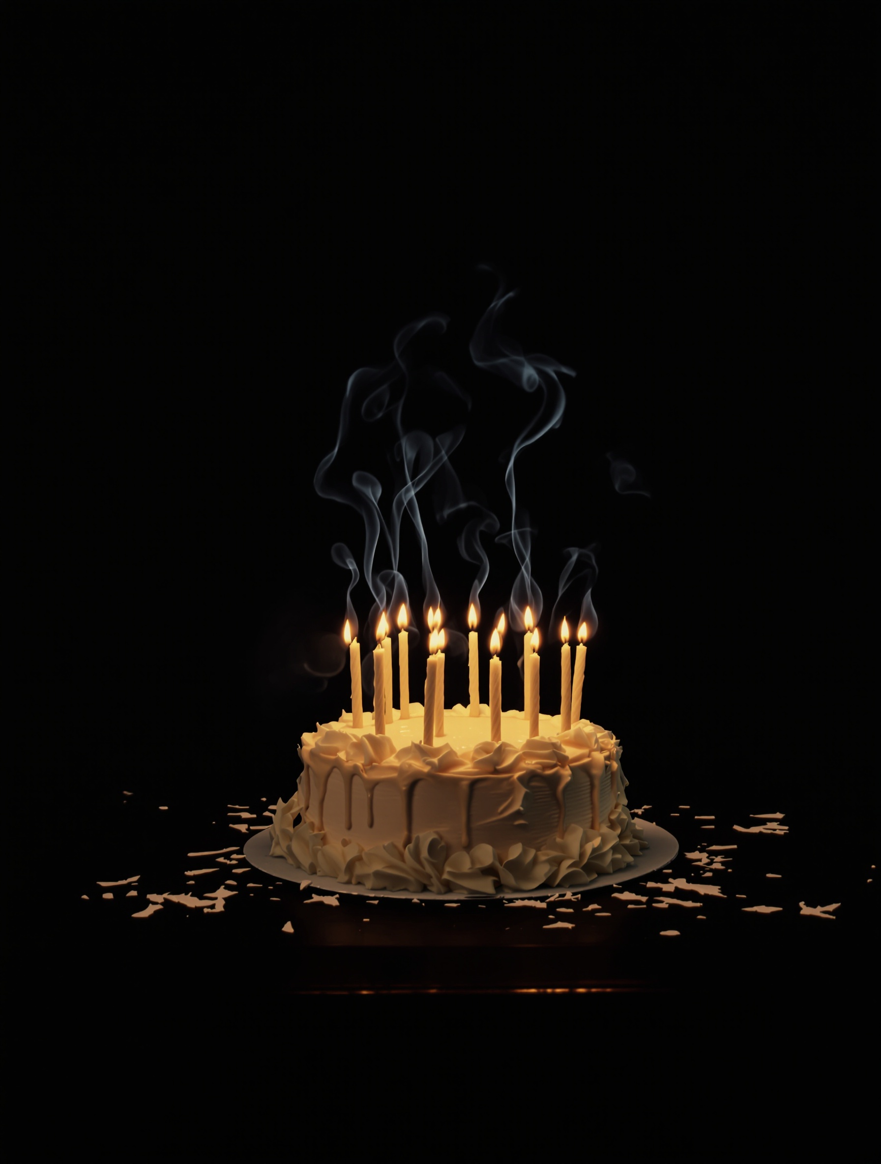Zgaszone urodzinowe świeczki z Last Birthday Cake marki Toskovat, knoty spalone doszczętnie, dym unoszący się w pustym pokoju.