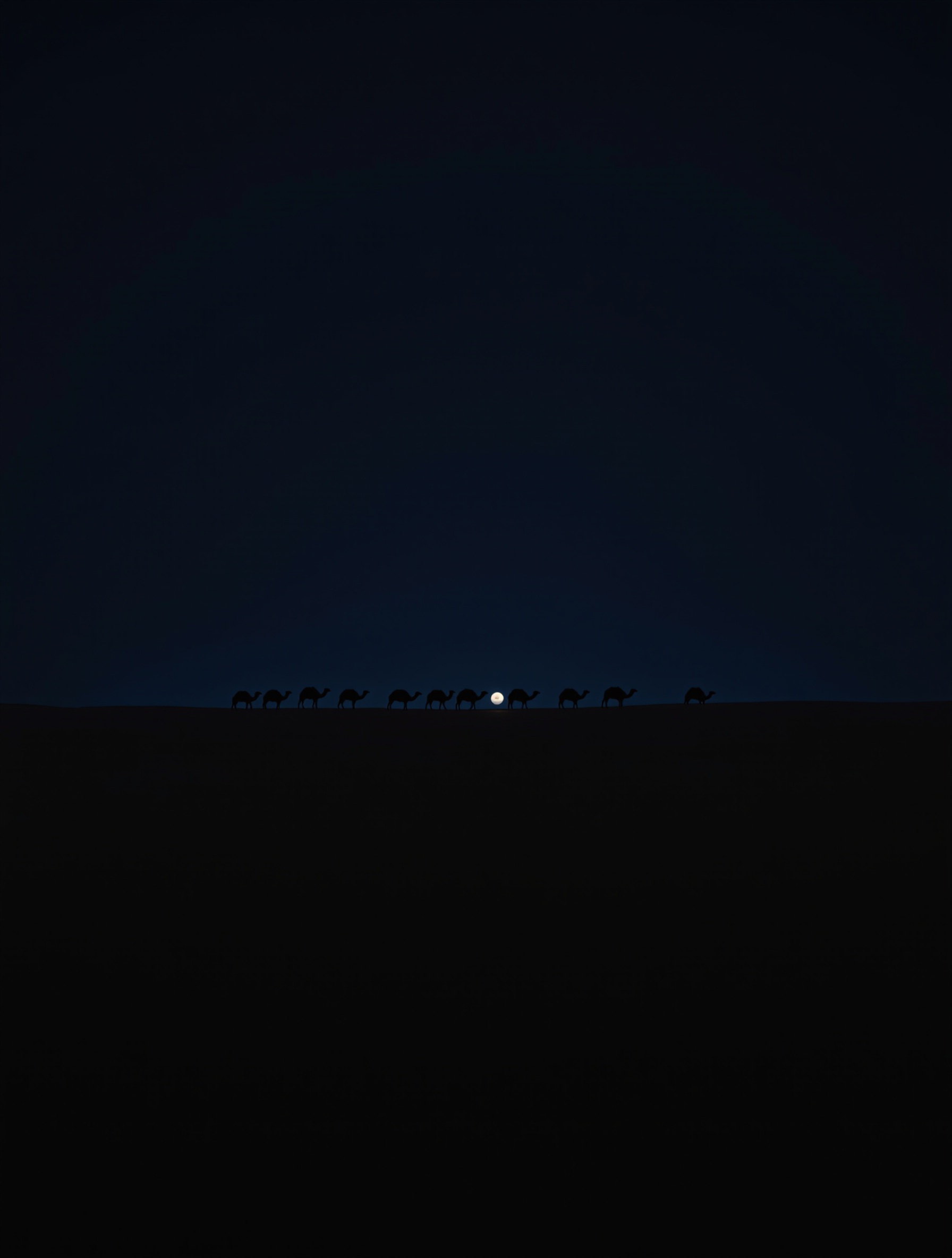 A caravan dissolving into the desert horizon carries the caravan-road solitude of L'Air du Désert Marocain.