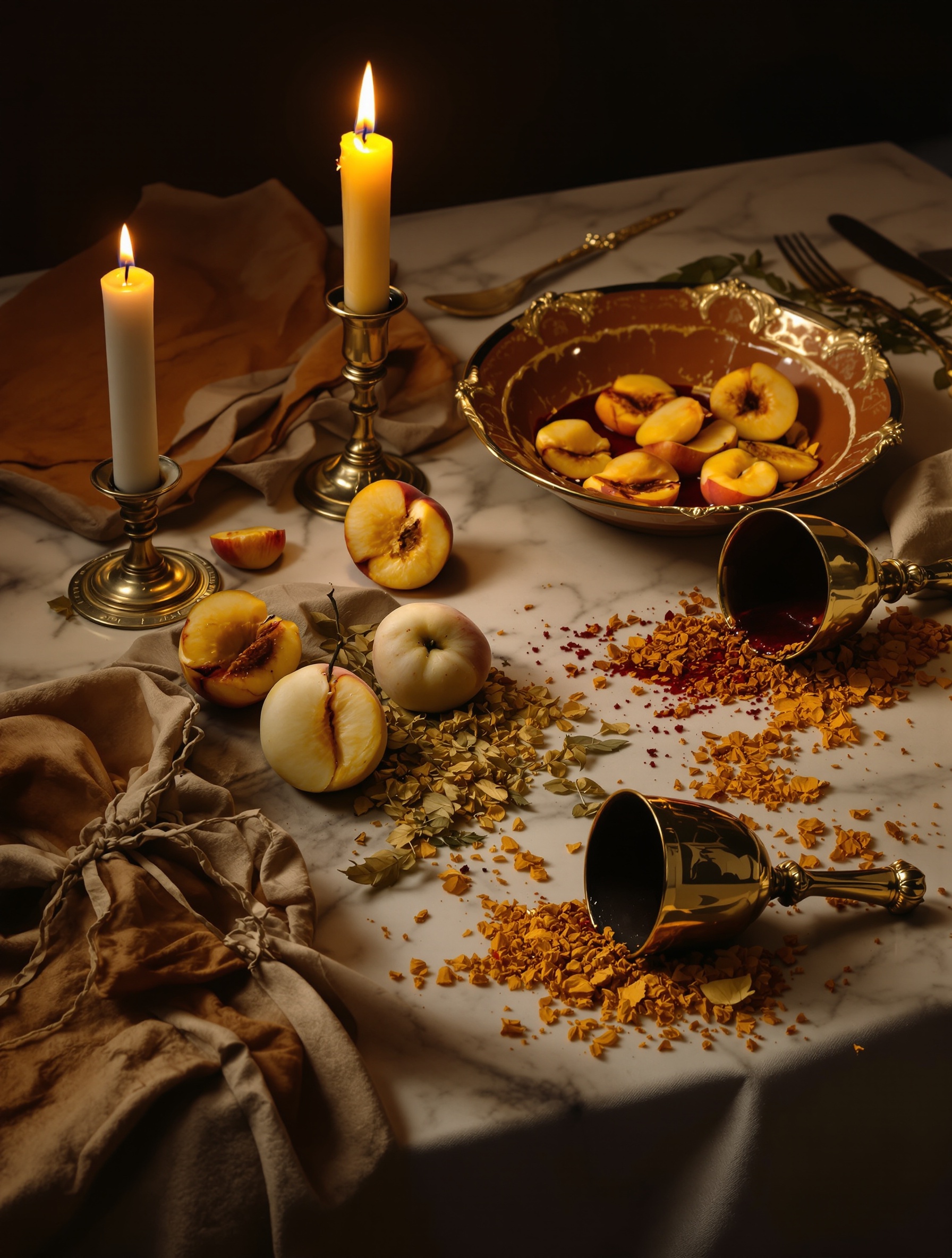A collapsed banquet still life of split peaches, saffron, tobacco, and spilled wine in candlelight, capturing the dissolute warmth of Triumph of Bacchus.