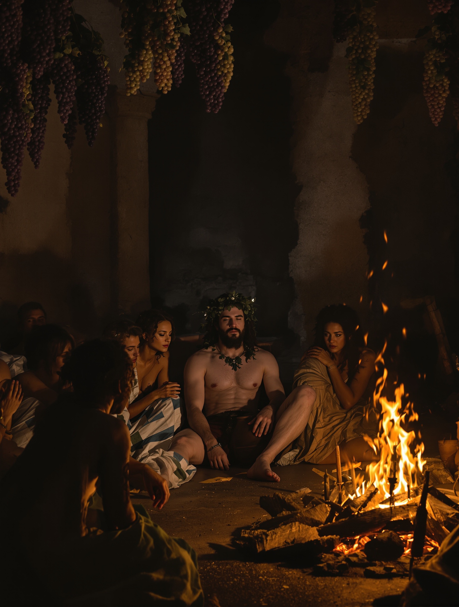 A torchlit gathering of revelers around a garlanded god-figure in a ruined courtyard at night, embodying the sacred bacchanal spirit of Triumph of Bacchus.