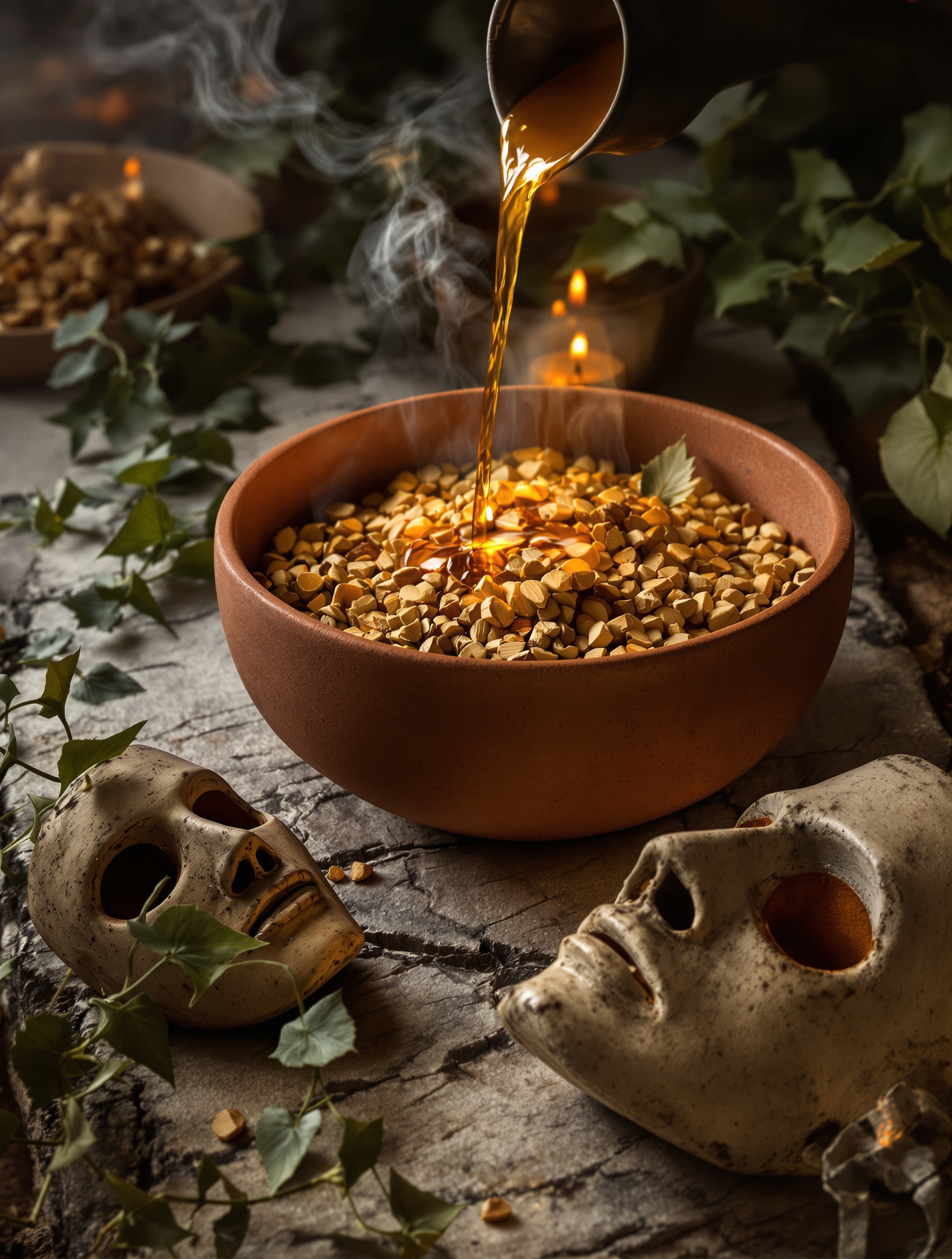 Amber liquid poured over sandalwood chips in a terracotta bowl beside a stone Bacchus mask and ivy on ancient stone, evoking the resinous drydown of Triumph of Bacchus.