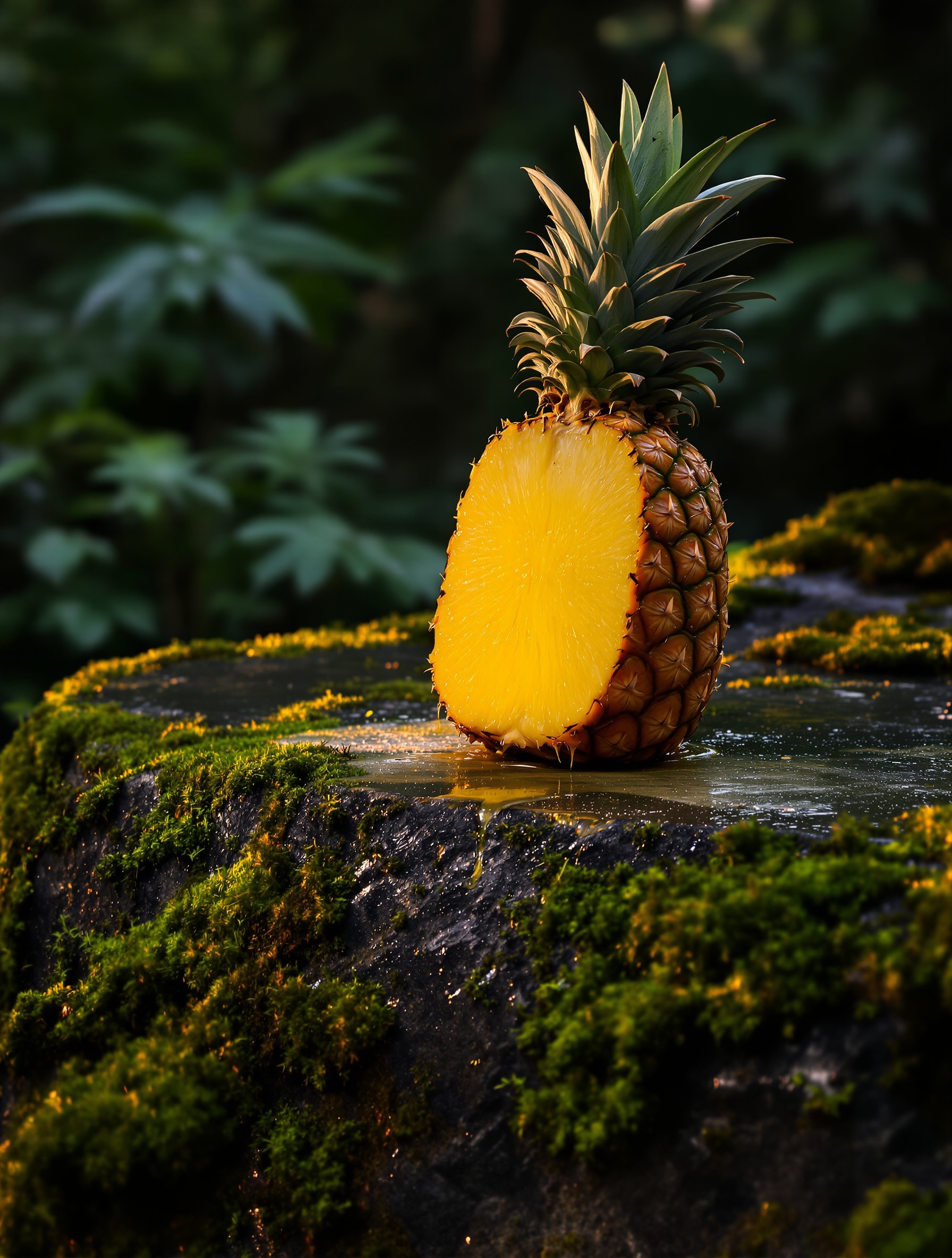 Przejrzały, rozłupany ananas lśniący złotem na ciemnym omszałym kamieniu dżungli, uchwycony w radosnym, a zarazem fermentującym sercu zapachu Neon Palms.
