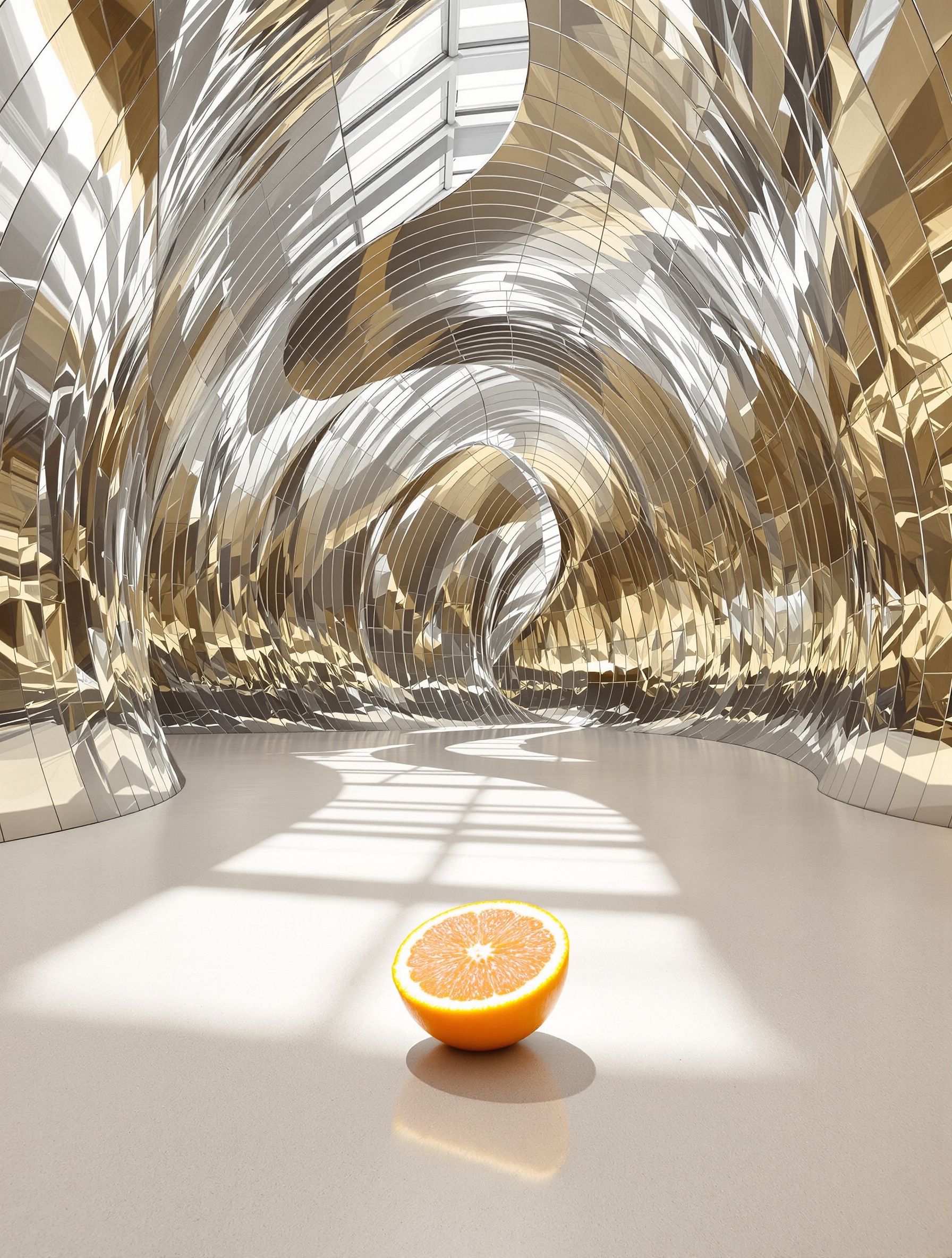 Symphony fragrance by Louis Vuitton rendered as a Gehry atrium where titanium panels mirror a single grapefruit's geometry.