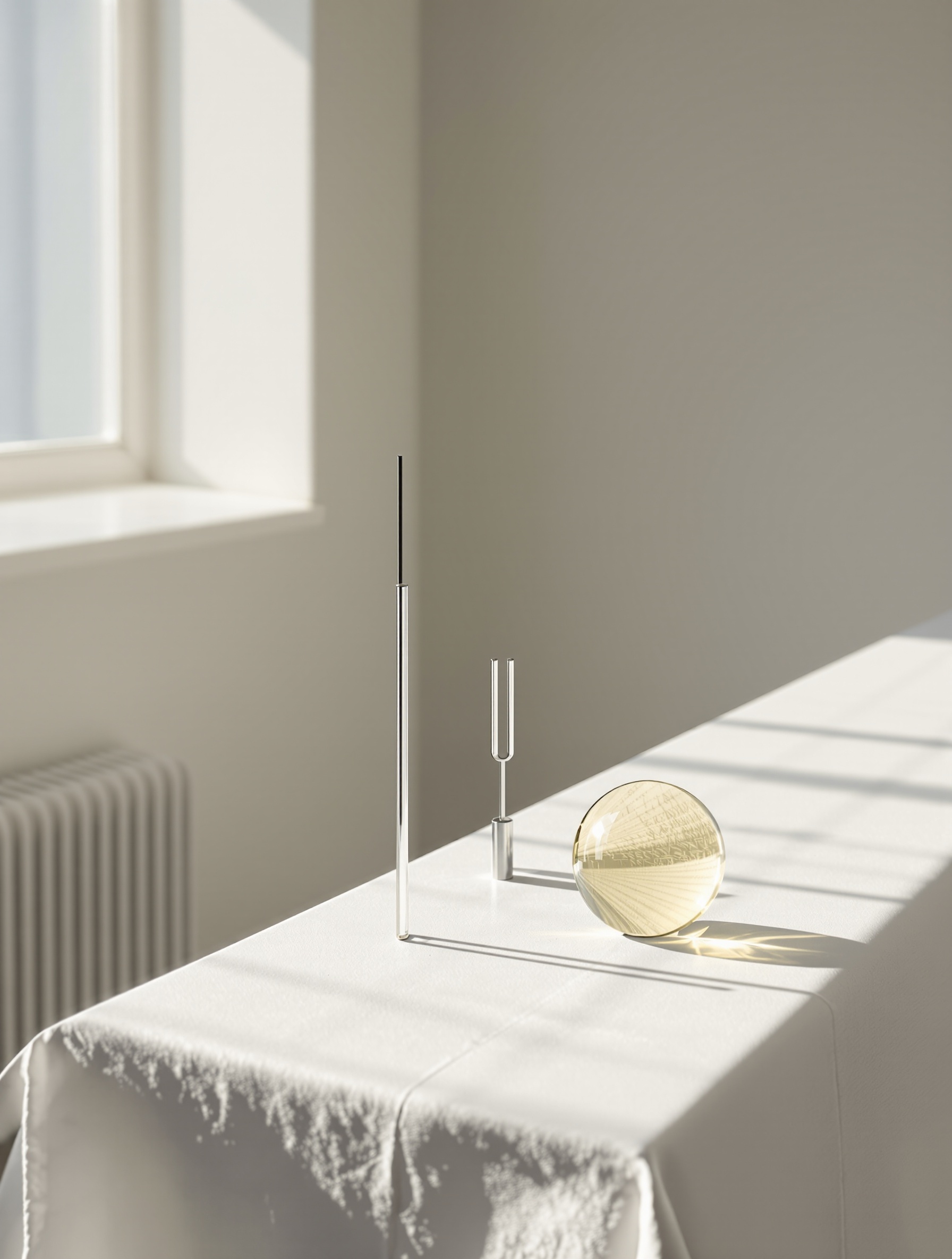 Three glass and steel instruments refracting morning light on white linen, an image for Symphony by Louis Vuitton.