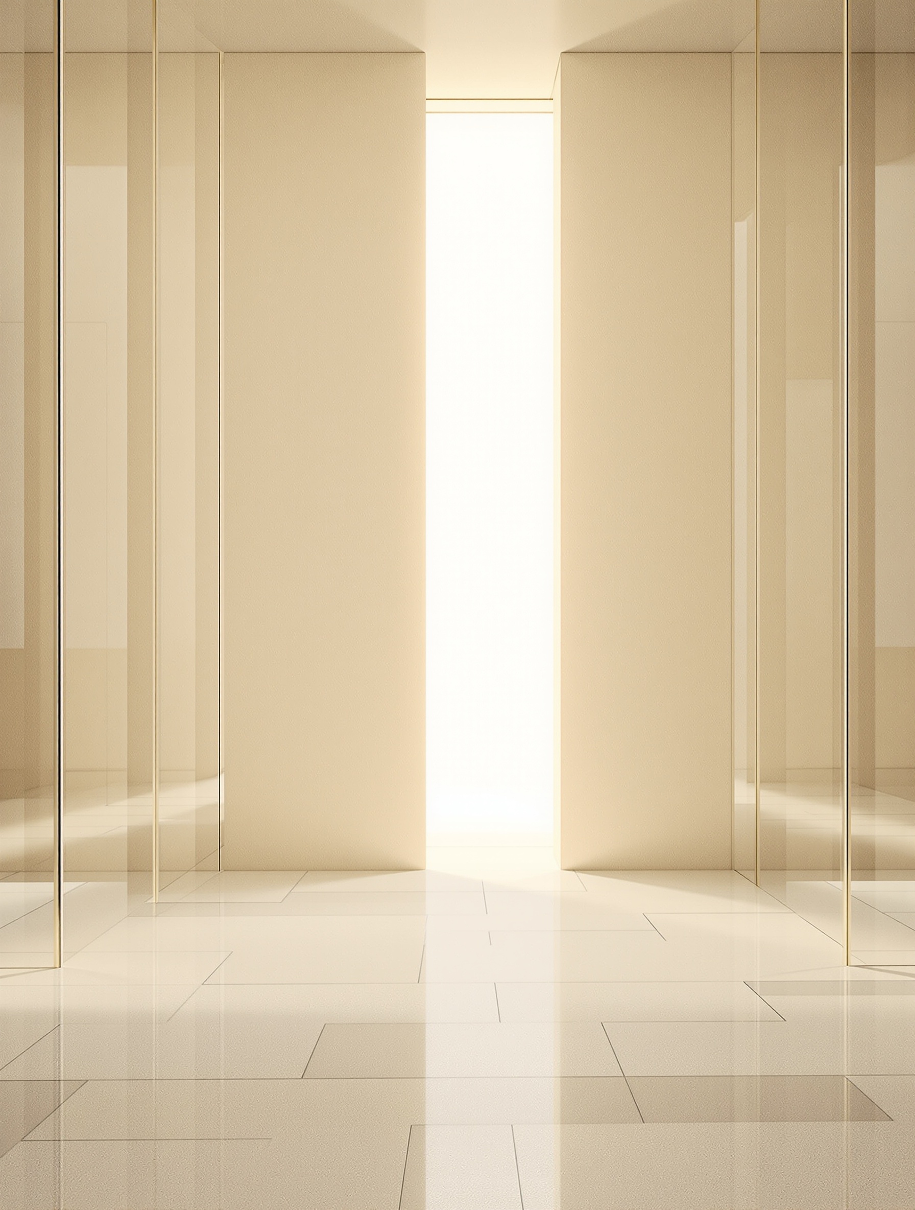 An empty glass modernist room pierced by one shaft of cold morning light, evoking Symphony by Louis Vuitton.