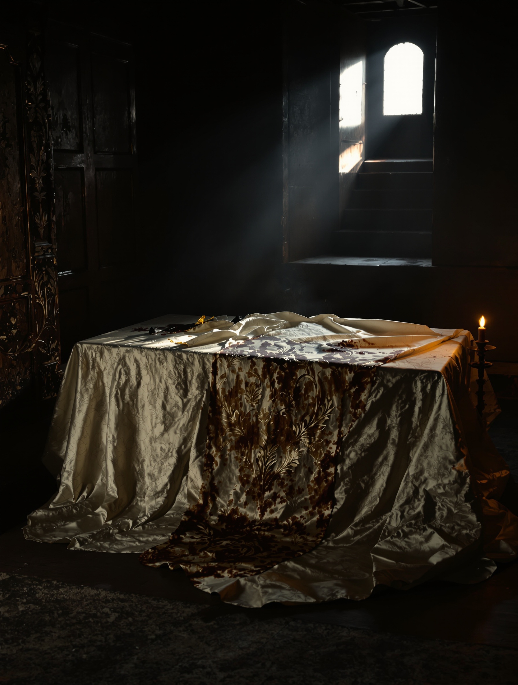 Ujęcie otwierające LAVS: papieskie szaty liturgiczne spoczywają w mroku na zimnym kamieniu, uchwycone w autentycznym atelier, w którym narodził się ten zapach.