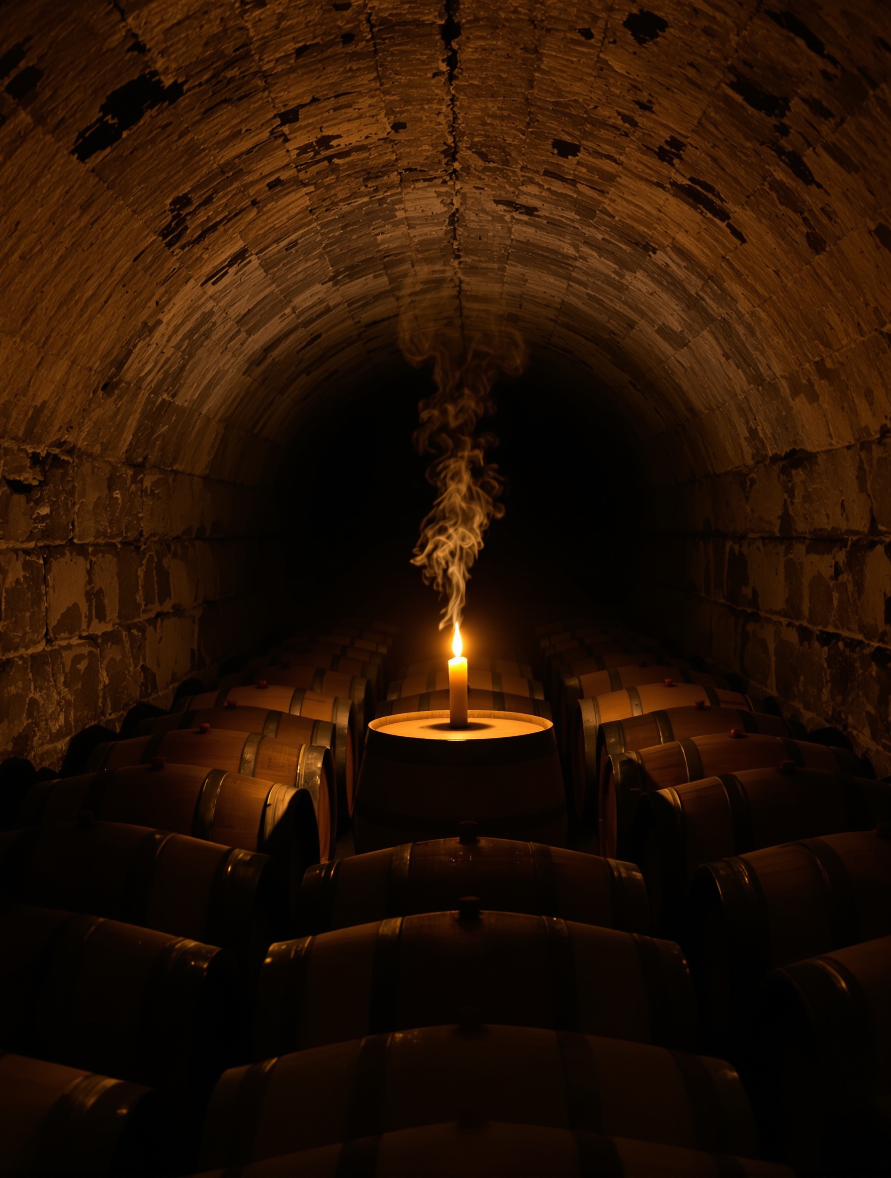 A dimly candlelit limestone cognac cellar with warm vapor rising from a single oak barrel, evoking the elegiac soul of Angels' Share by Kilian Paris.