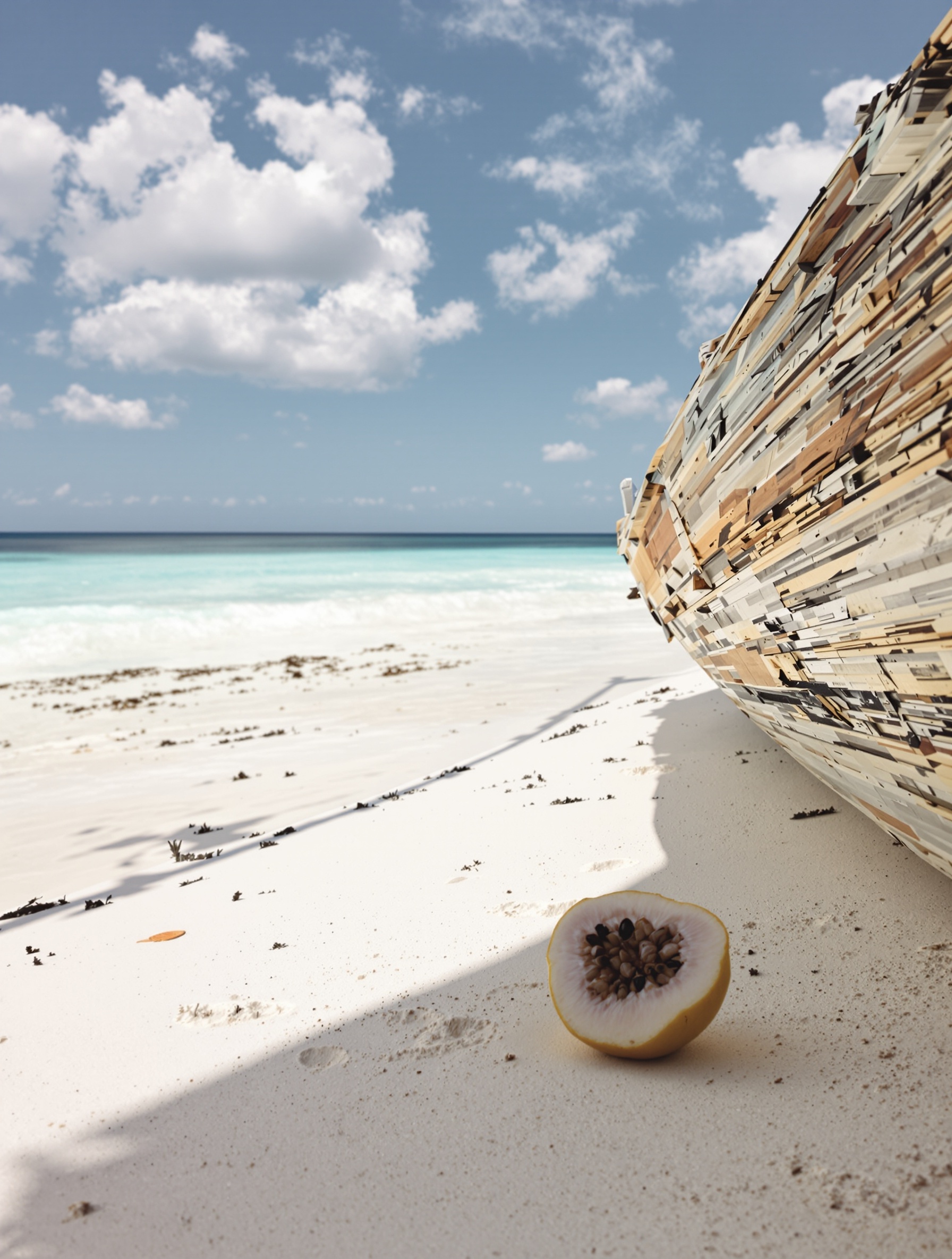 Jambu biji masak terbelah di bawah bayang lunas perahu dhow yang pucat karatan garam di atas pasir putih Zanzibar, membangkitkan Tales from Zanzibar karya Memoirs of a Perfume Collector.