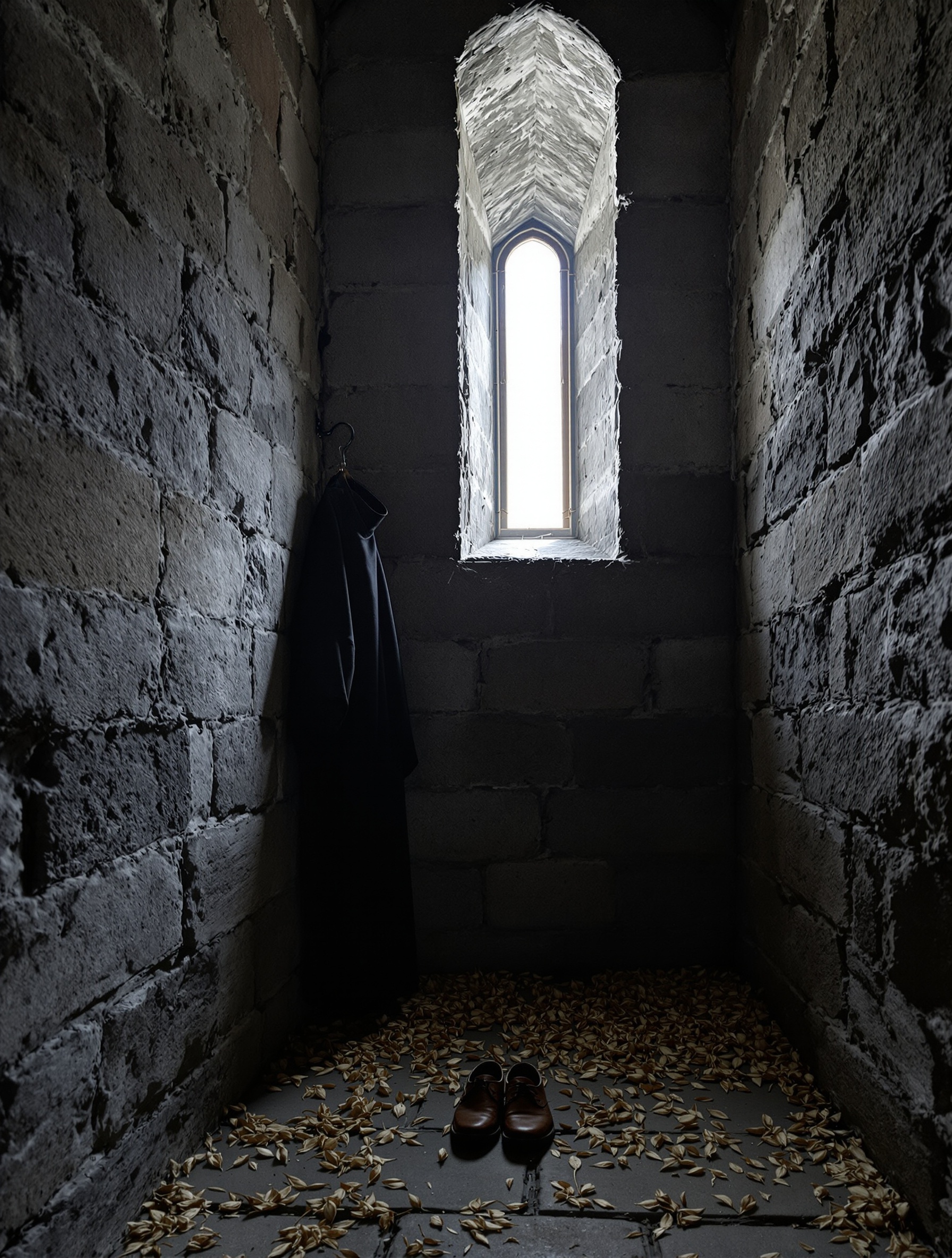Pusta czarna sutanna zawieszona w zimnym kamiennym kościele, ponad parą małych wytartych butów na zakurzonych płytach posadzki, wokół których rozsypany jest suszony immortelle w szarozłotej ciszy.