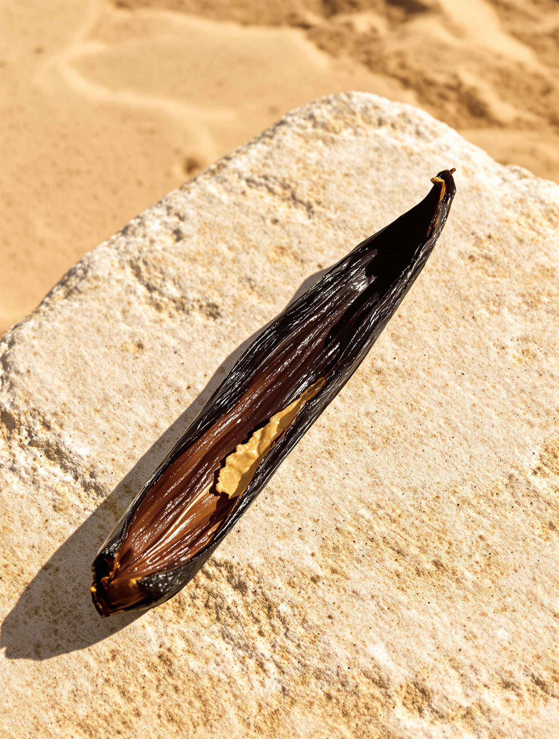 Sand and Skin by Floraïku: a split vanilla pod and labdanum-dark interior resting on a sun-heated stone in afternoon light.