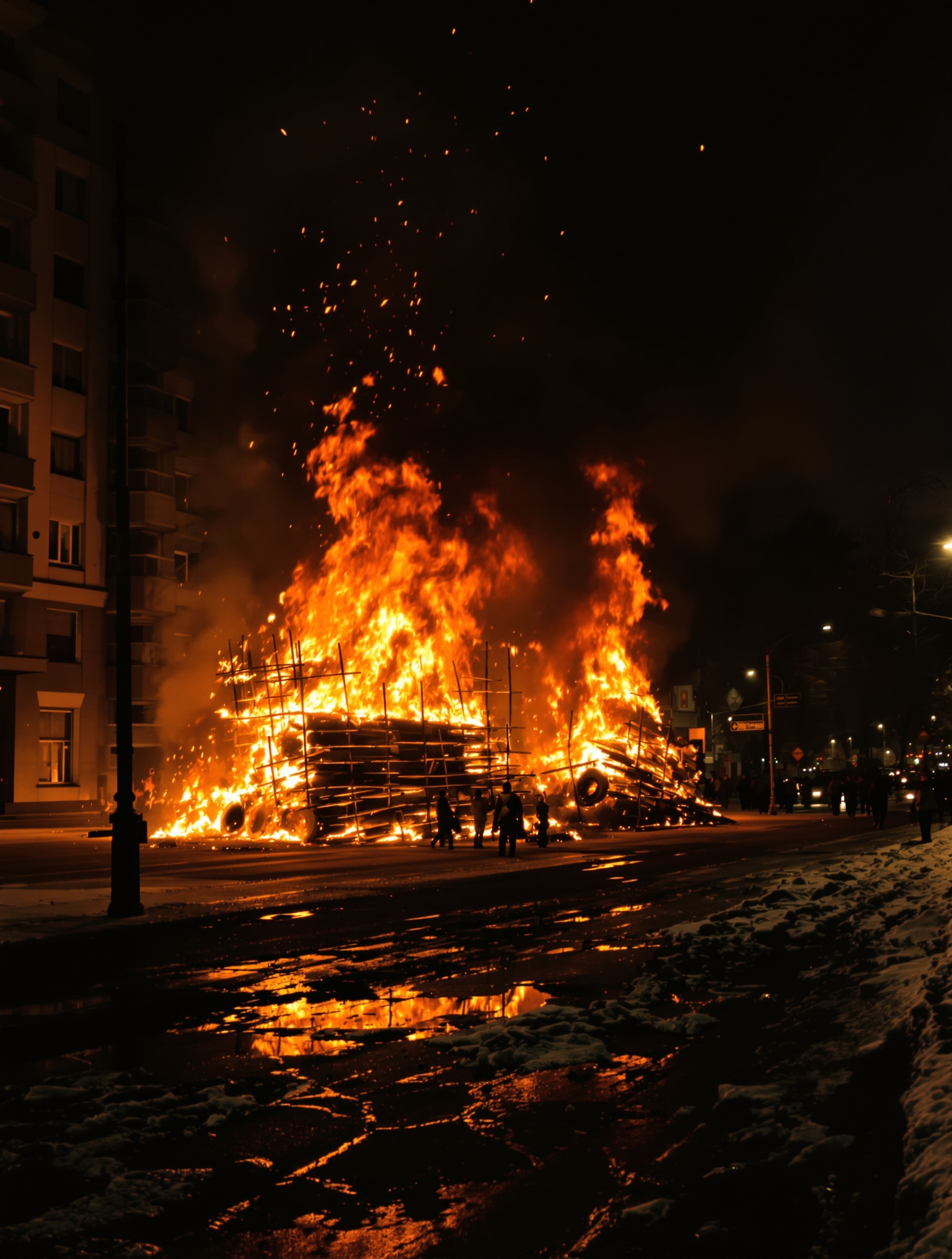 Wide-angle photojournalism frame for Decembrie 89 Freedom Elixir: Bucharest boulevard ablaze with barricade fires, December 1989.