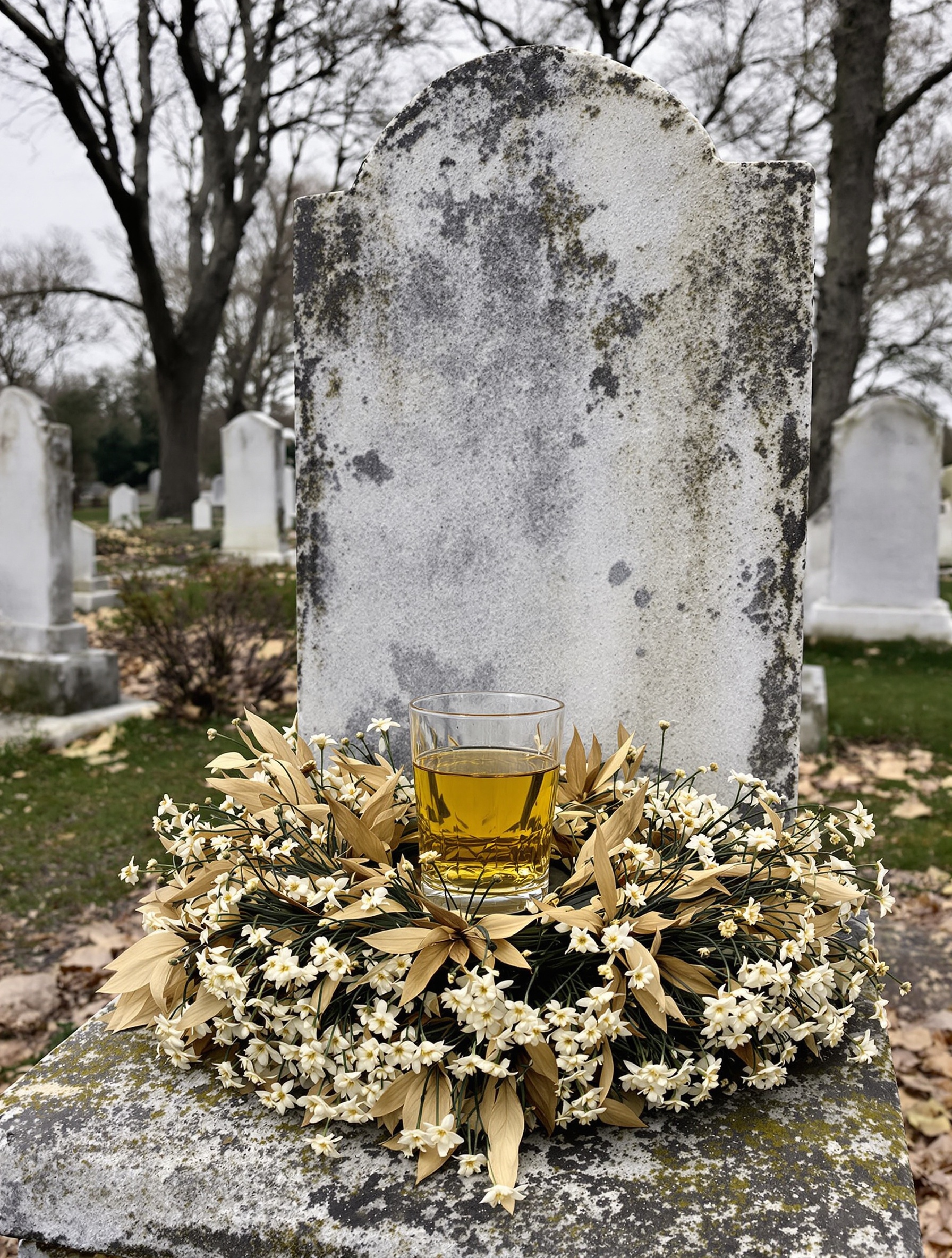 Szklanka palinki i bezbarwny wieniec z immortelle na rumuńskim wiejskim nagrobku w płaskim jesiennym świetle, rytuał czuwania przy zmarłym ukazany w Domus Numeni Toskovat.