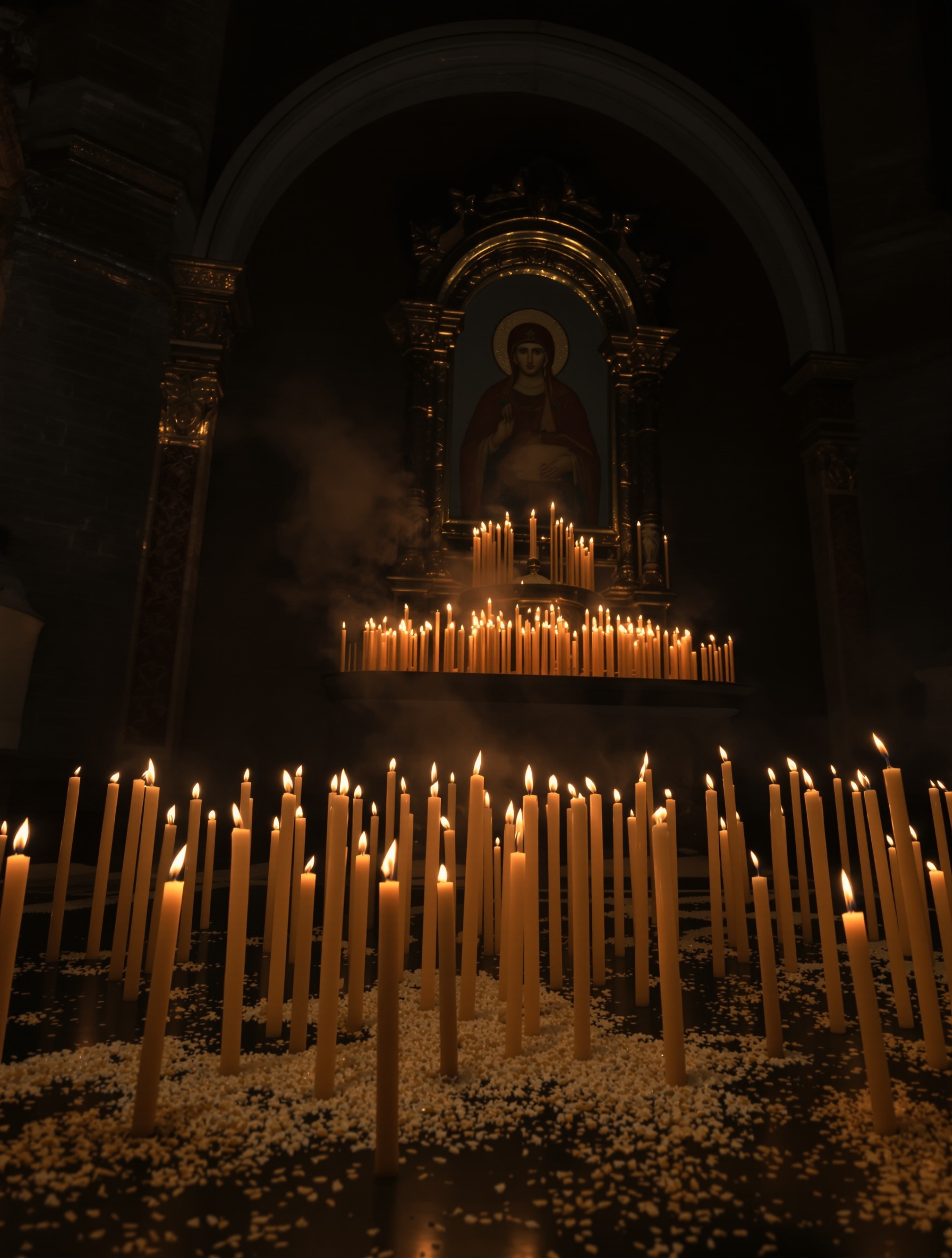 Dozens of beeswax candles burning before a gilt icon on a dark stone floor scattered with wheat grains, for Coliva Gourmand Potion by Adi Ale Van.