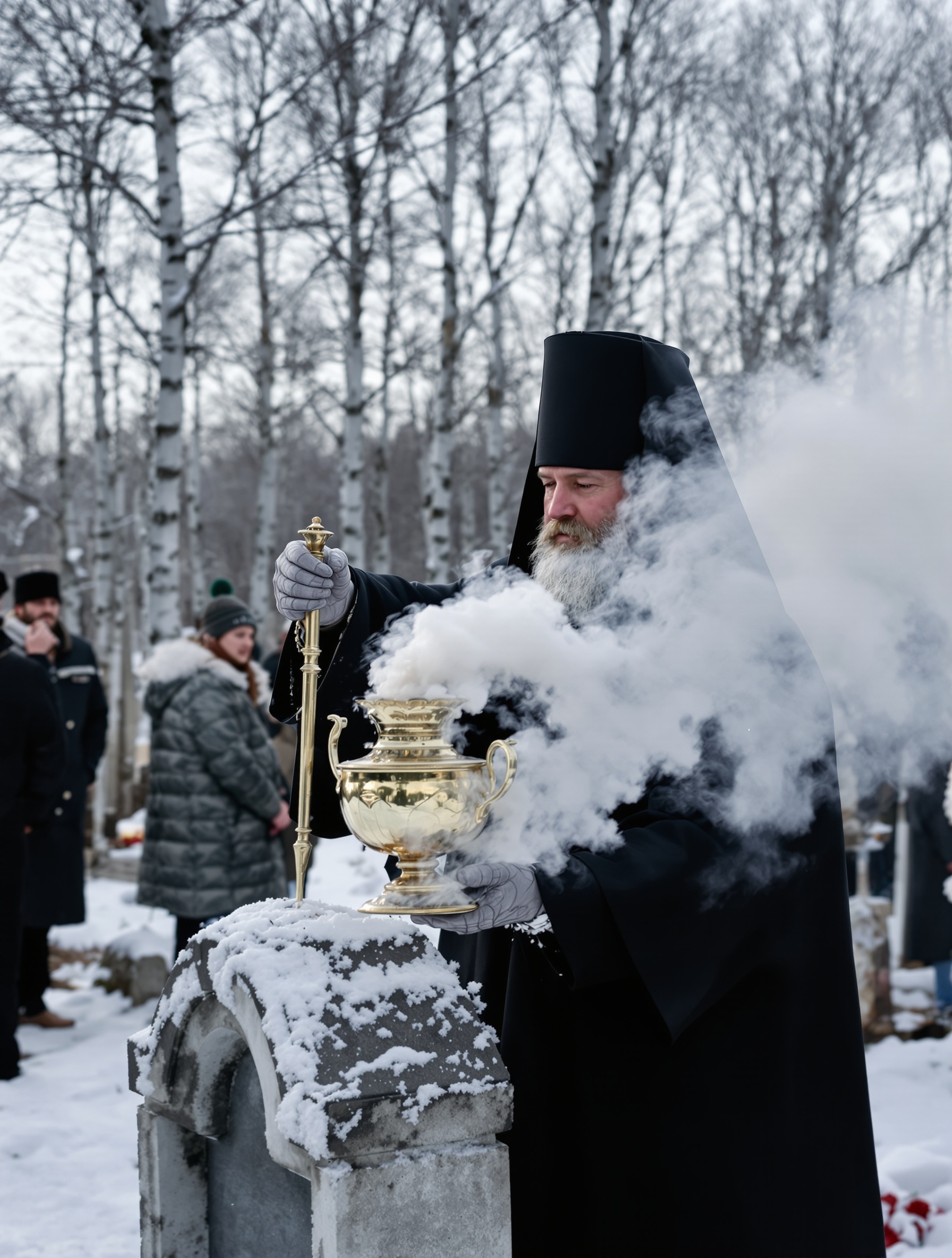 An Orthodox priest swinging a censer over a snow-covered grave, incense smoke merging with mourners' breath in frozen winter air, for Coliva Gourmand Potion by Adi Ale Van.