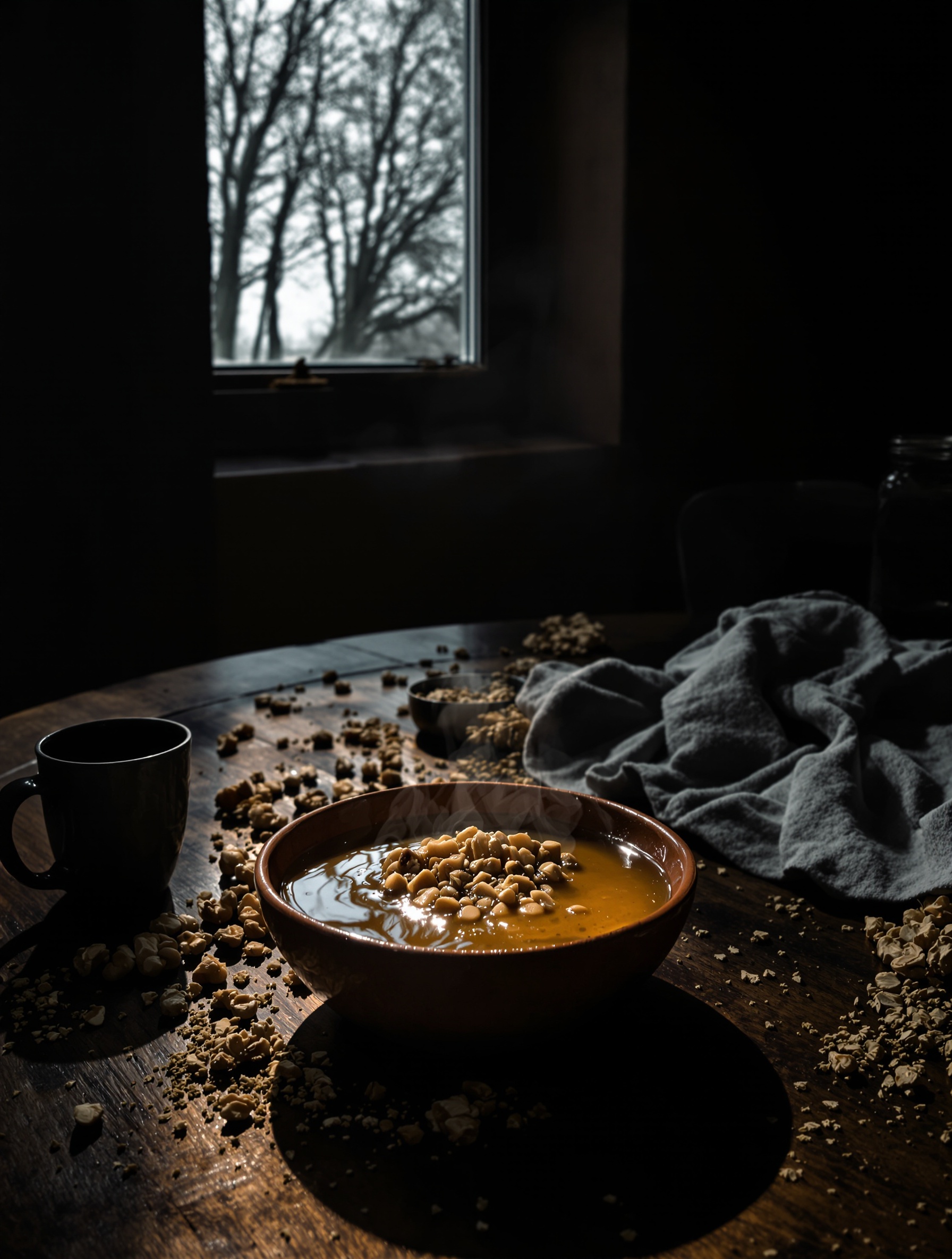 A dim Romanian kitchen table holds an unfinished clay bowl of honey-glazed coliva with rising steam, a cold coffee cup, and scattered walnuts, framed by a winter window and deep surrounding darkness.