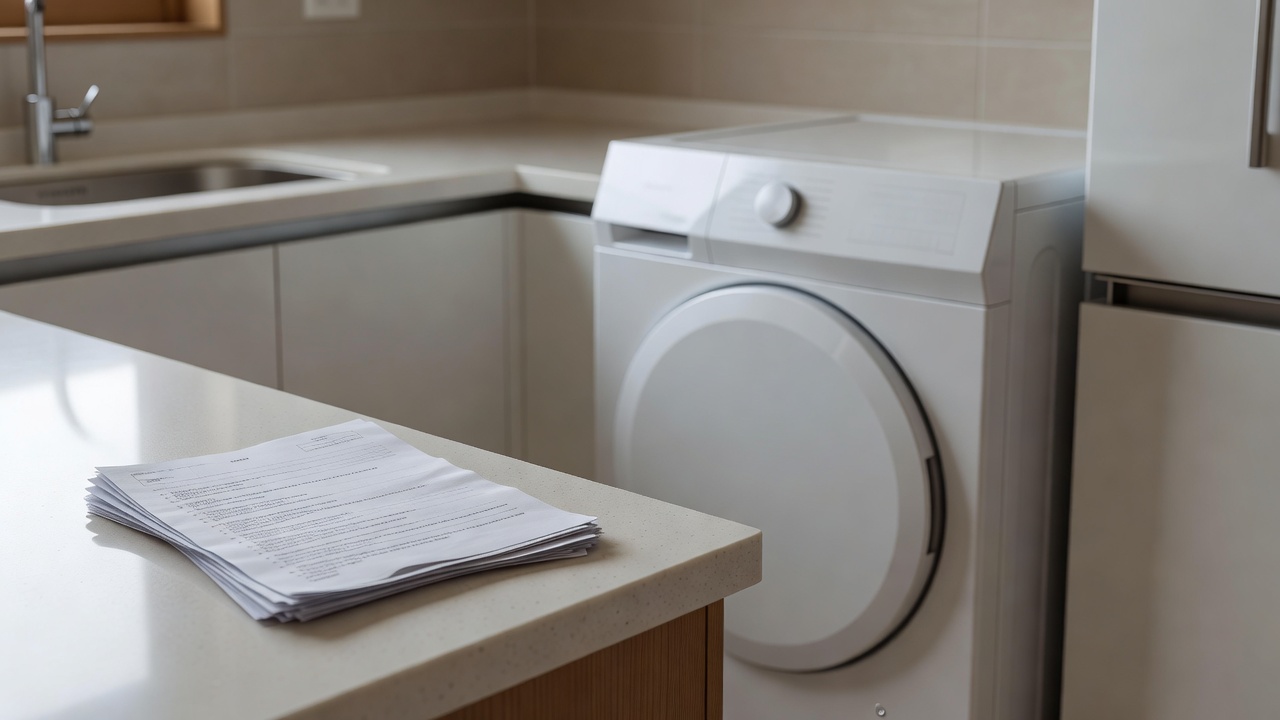 rental contract documents and a home appliance on a kitchen countertop