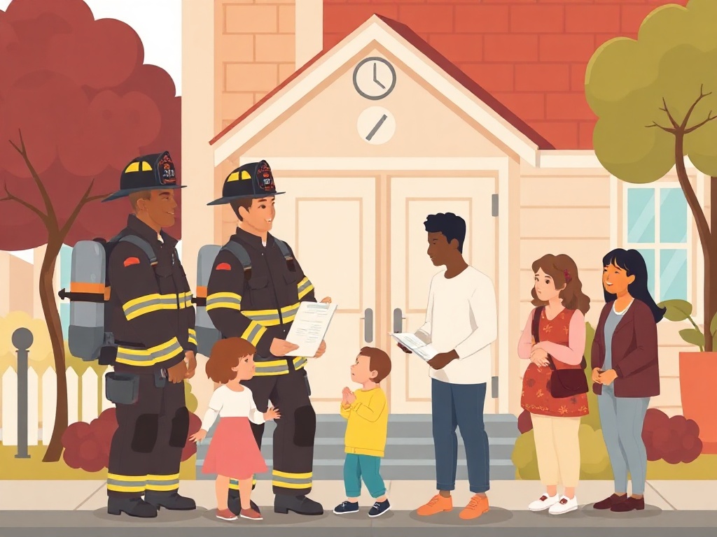 Firefighters sharing fire-safety information with neighbors