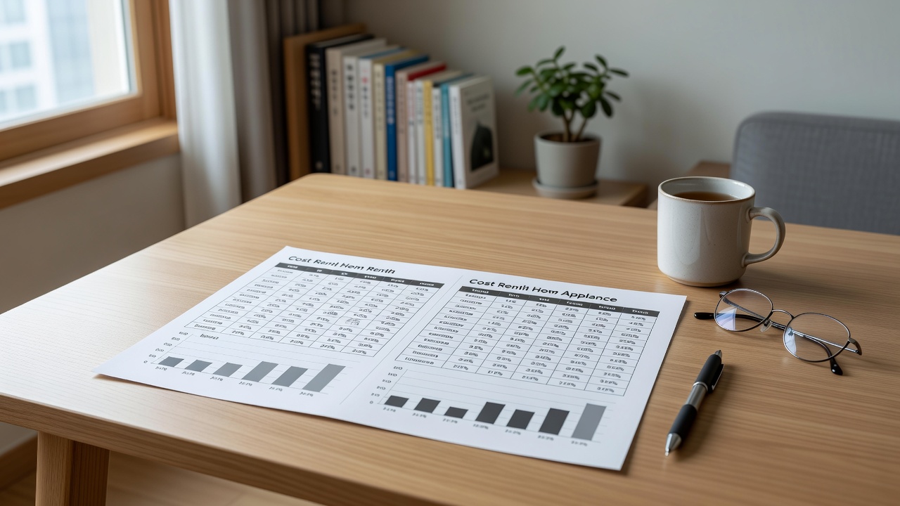 a comparison chart on a desk showing rental and purchase cost calculations for home appliances