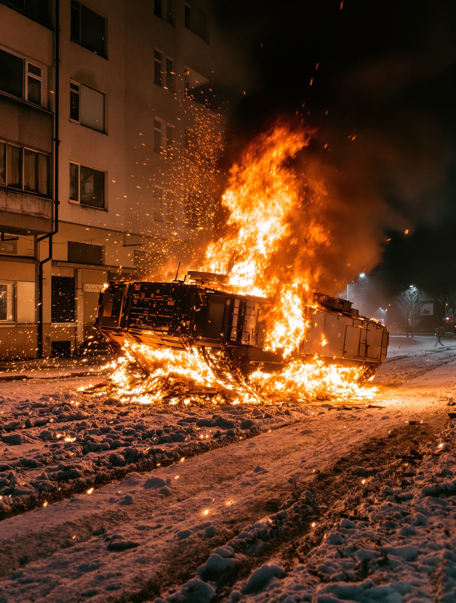 A blazing overturned armoured vehicle burns against snow-covered Bucharest streets on the night of the Romanian Revolution, ember sparks drifting over dirty slush in a scene evoking Decembrie 89 Freedom Elixir by Adi Ale Van.