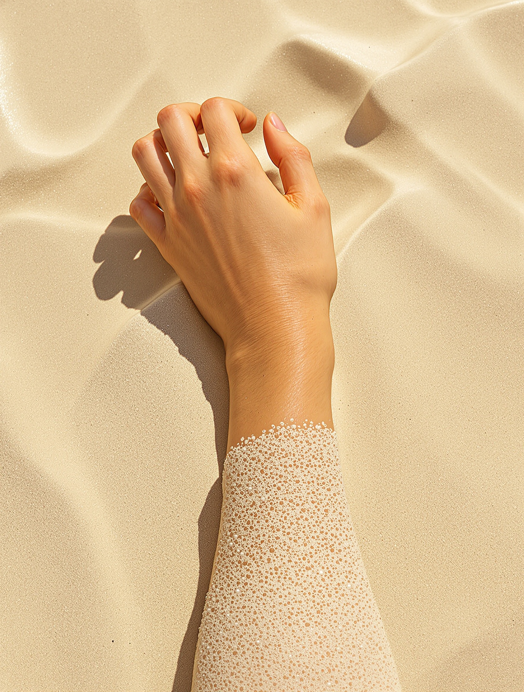 A close overhead photograph evoking Sand and Skin by Floraïku, where a sun-warmed forearm merges imperceptibly into fine pale sand, the boundary between skin and earth erased by shared heat and amber afternoon light.