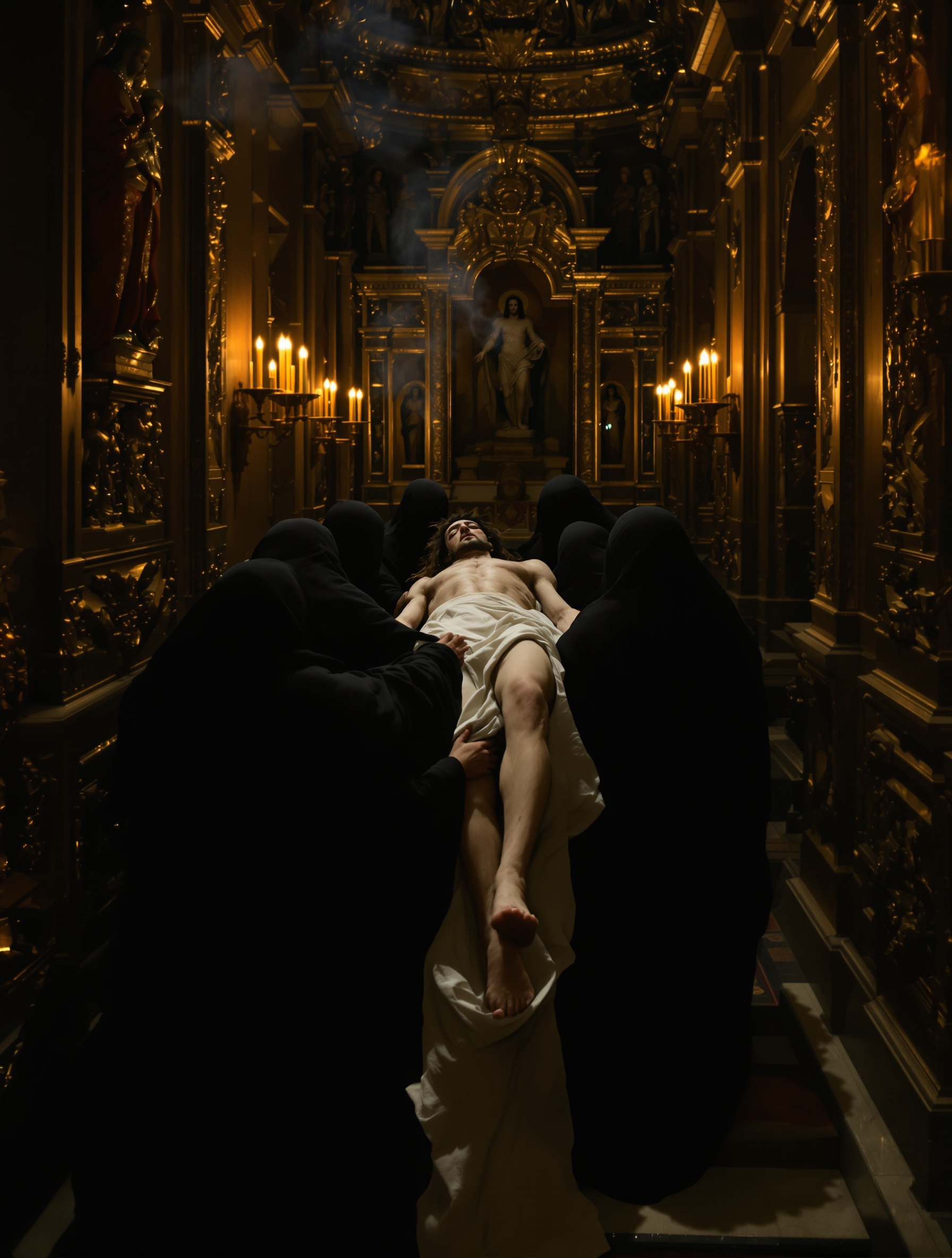 A painterly cinematic scene evoking Reliqvia by Filippo Sorcinelli, figures carrying a linen-wrapped body through a gilded baroque oratory in failing candlelight.