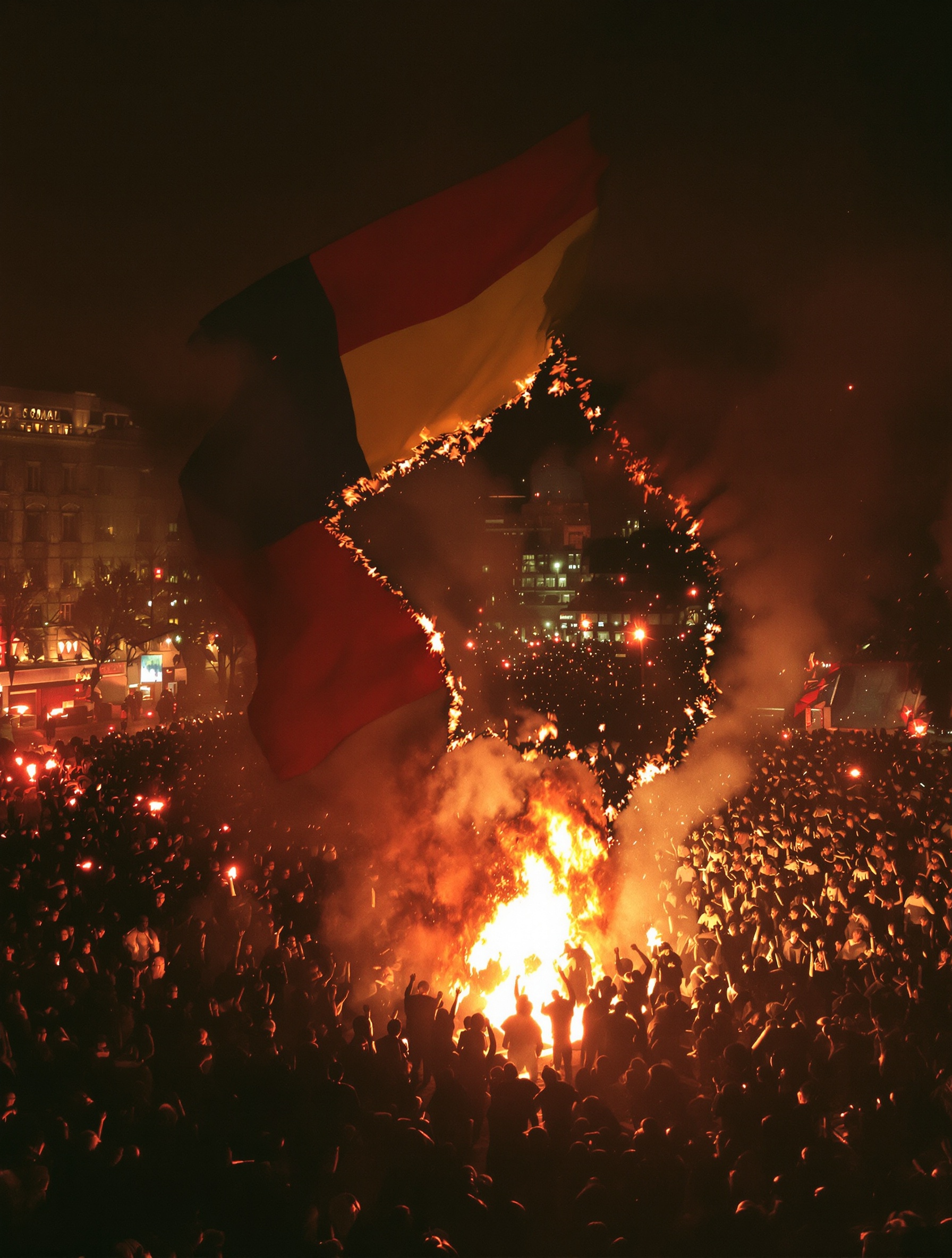 A surging fire-lit crowd in a Romanian city square during the December 1989 revolution, the torn tricolor with its communist emblem ripped out raised over the upheaval, evoking the violent birth of freedom that names Decembrie 89 Freedom Elixir by Adi Ale Van.