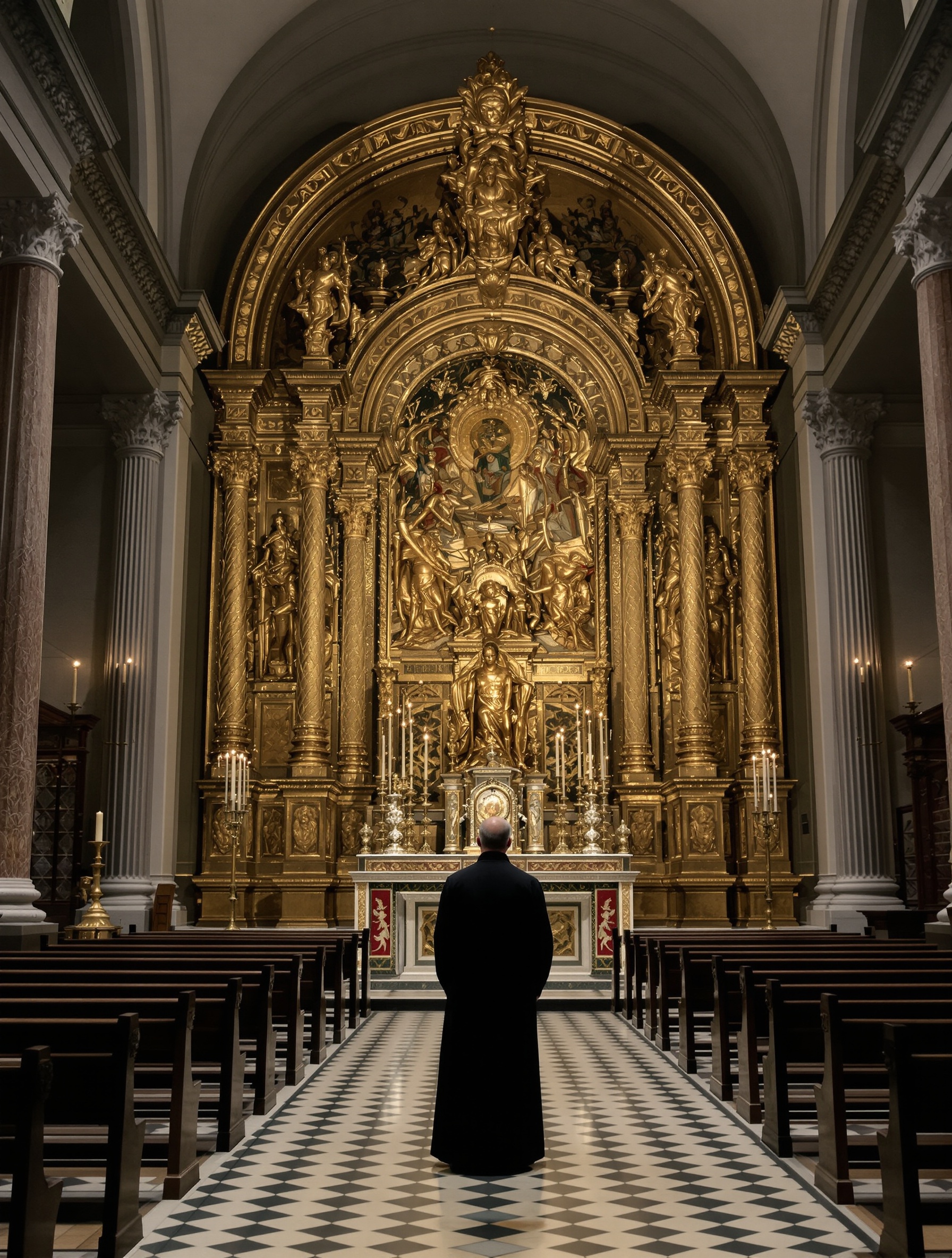 Nieruchoma postać w czerni stoi twarzą do starożytnego złoconego ołtarza w pustym kościele, dym świecy unosi się tuż przy jej ramieniu, przywołując surowy ceremonialny mrok LAVS stworzonego przez Filippo Sorcinelli.