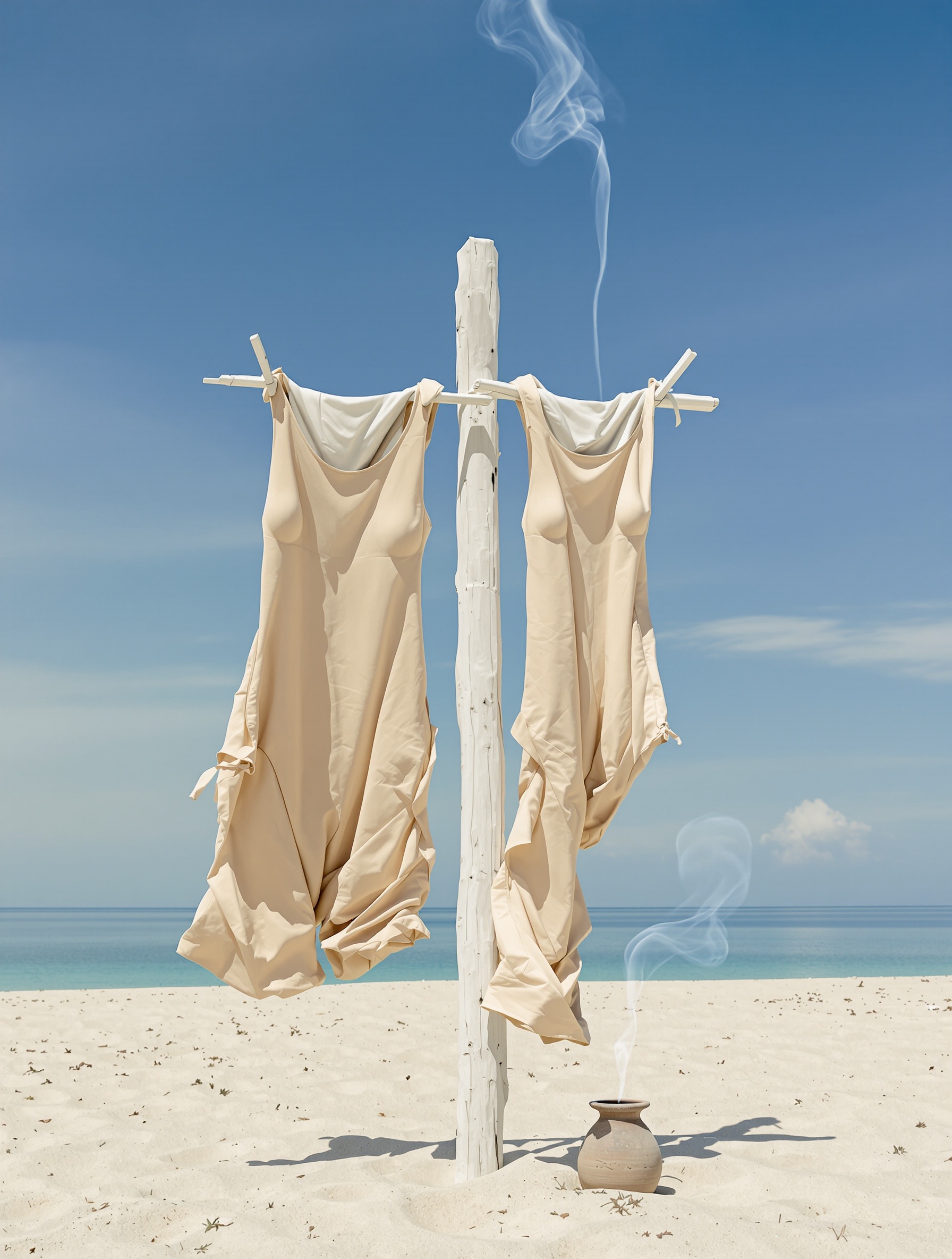 A sun-bleached wooden post holds two salt-stiff swimsuits in blinding afternoon light with a curl of benzoin smoke rising beside it, evoking the skin-merger intimacy of Floraïku Sand and Skin.