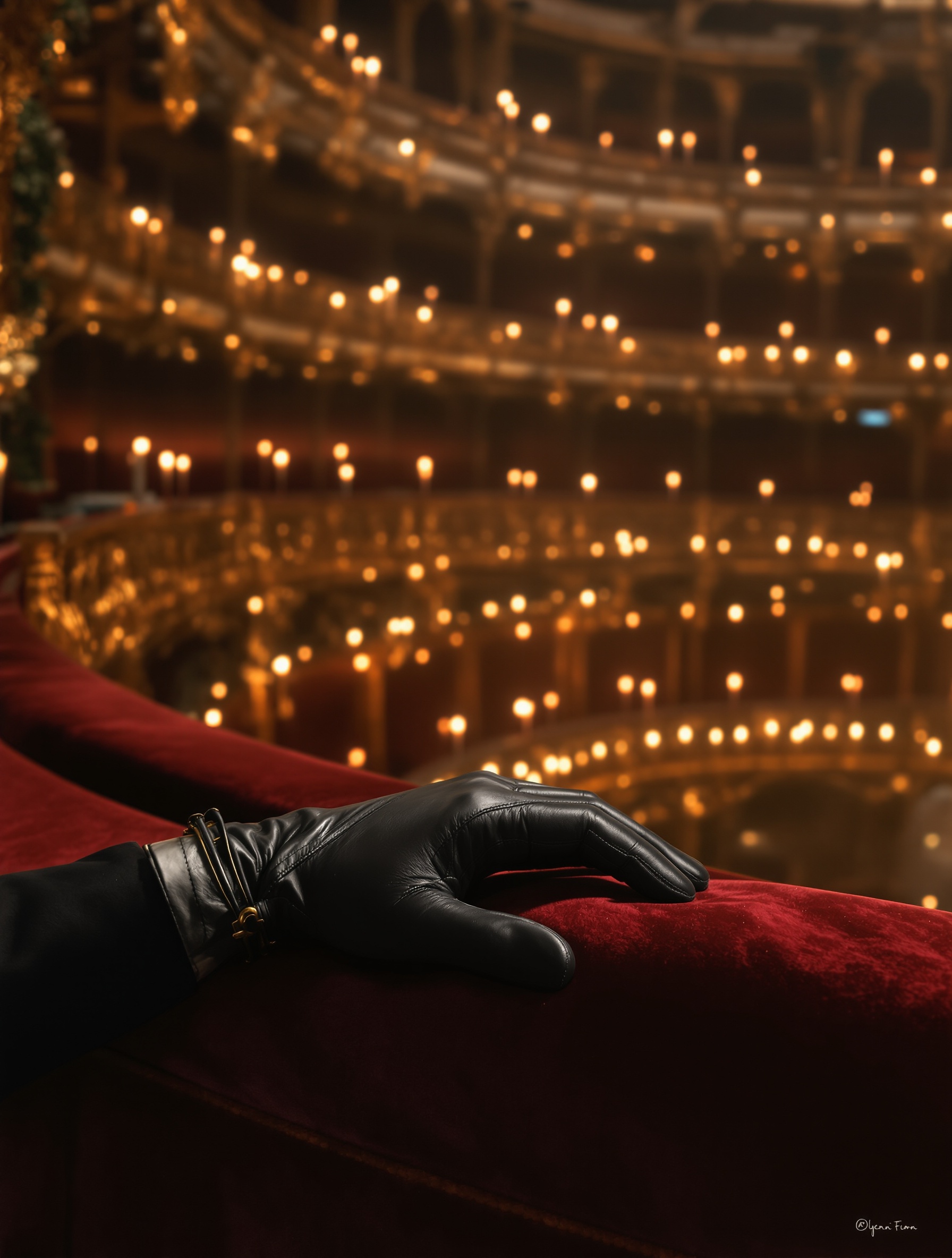 A gloved Victorian hand resting on a velvet opera-box rail in amber gaslight evokes the warm, resinous, socially freighted soul of Creed Millésime 1849.