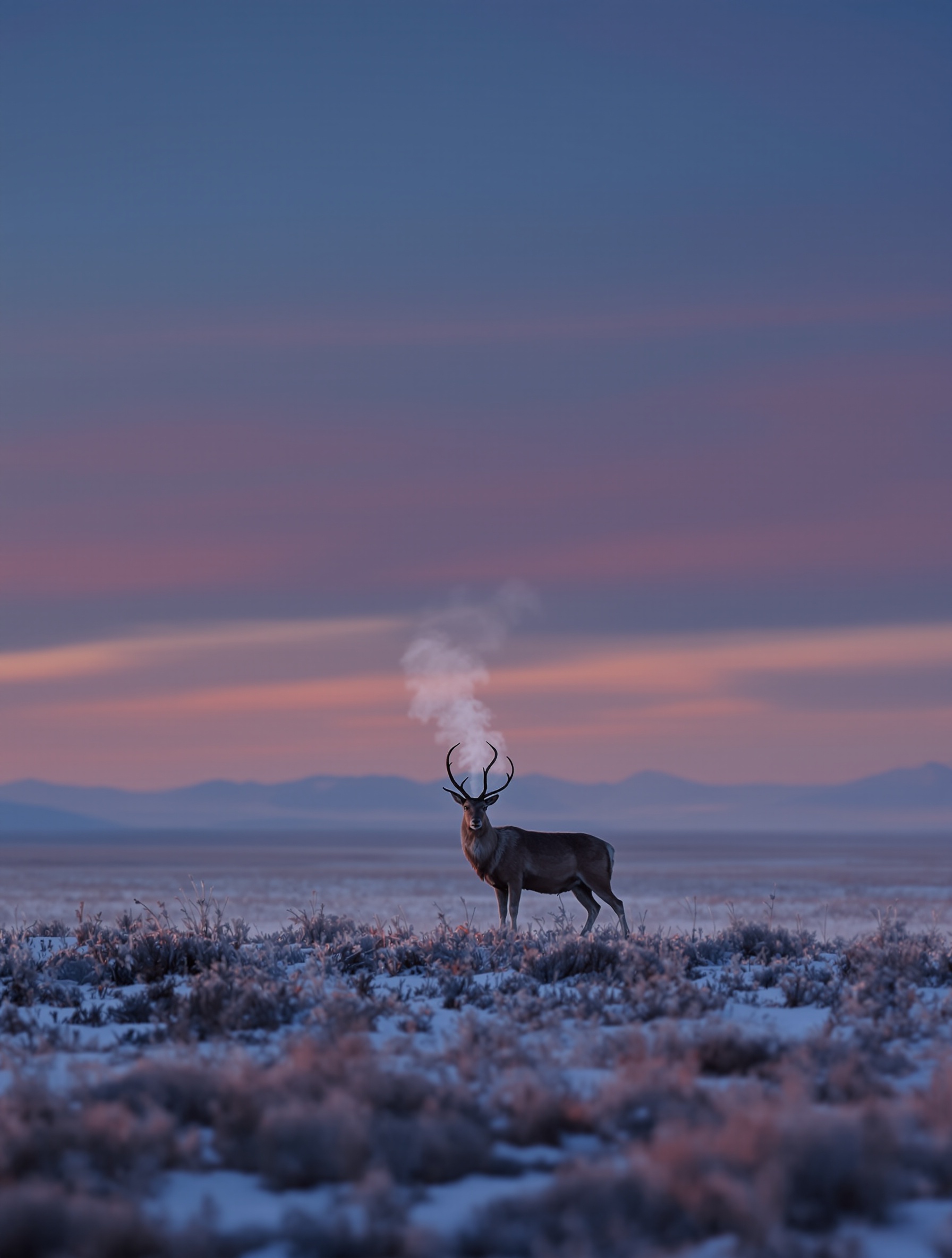 Seekor rusa musk yang berdiri sendiri, membeku bagai roh di padang rumput Mongolia saat fajar, membangkitkan kelangkaan di ambang kepunahan yang menjadi inti Mongolian Musk karya Ensar Oud.