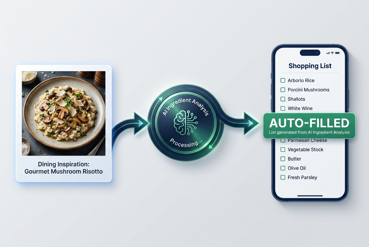 Workflow diagram showing a restaurant meal photo being converted into a SavorSync automated grocery list with AI analysis.
