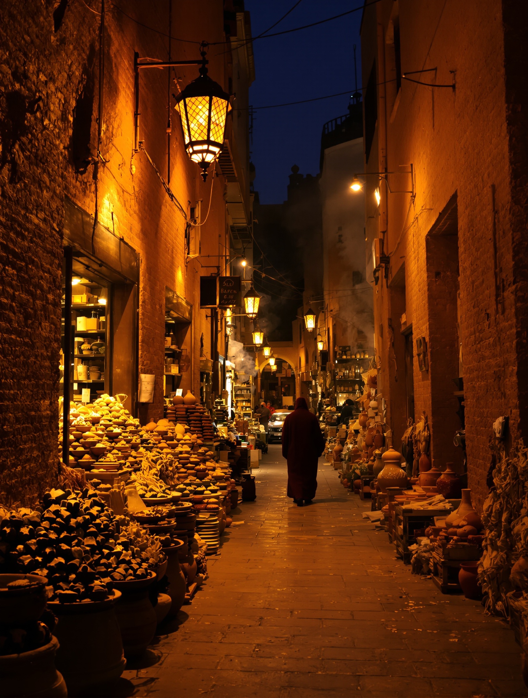 A smoke-filled night lane in the Marrakesh souk, amber lantern light falling across resin and spice mounds, evoking the atmospheric grandeur of L'Air du Désert Marocain.