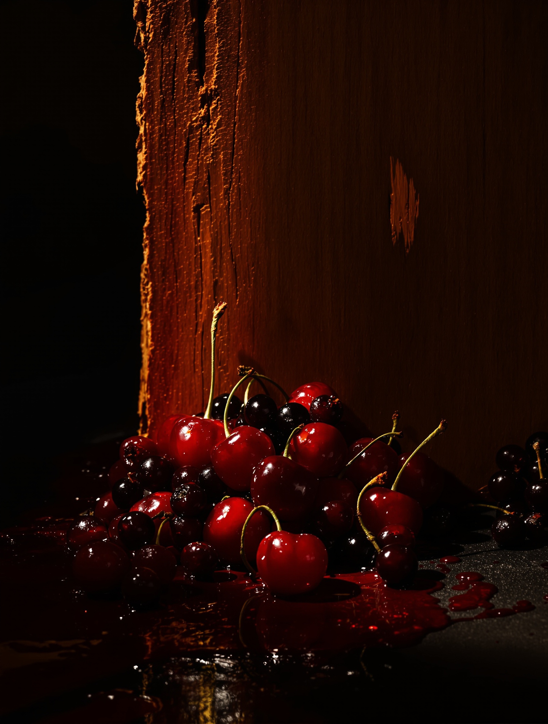 A candlelit still-life for Crimson Cambodia by El Khaldi, red cherries and blackcurrant pressed against raw oud wood, their juice staining the resin-dark grain in ribbons of crimson fading to black.
