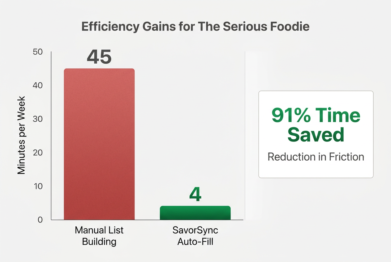 Bar chart comparing 45 minutes of manual grocery list building to 4 minutes using SavorSync auto-fill functionality.