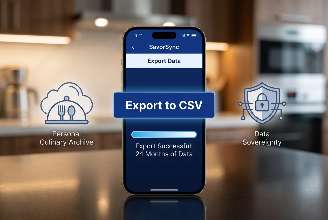 Smartphone interface showing the SavorSync export to CSV menu with a successful data export completion status.