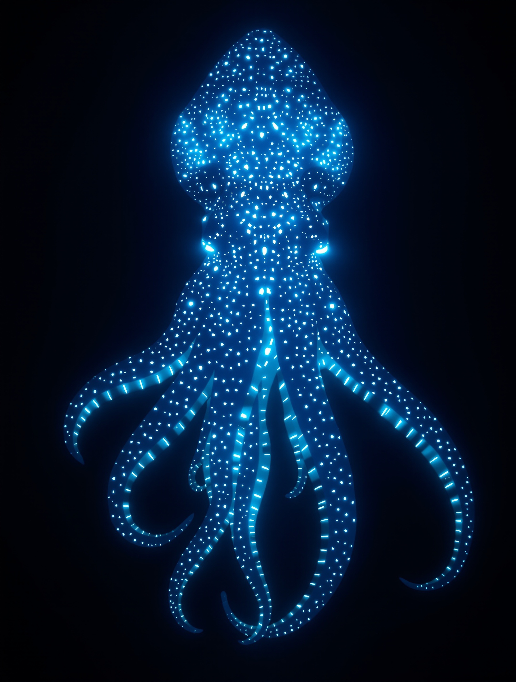 Seekor cumi-cumi raksasa yang kolosal memancarkan cahaya bioluminesensi dingin di tengah kepekatan hitam samudra dalam yang menghimpit, membangkitkan kedaulatan abisal dan mandiri dari Zoologist Squid.