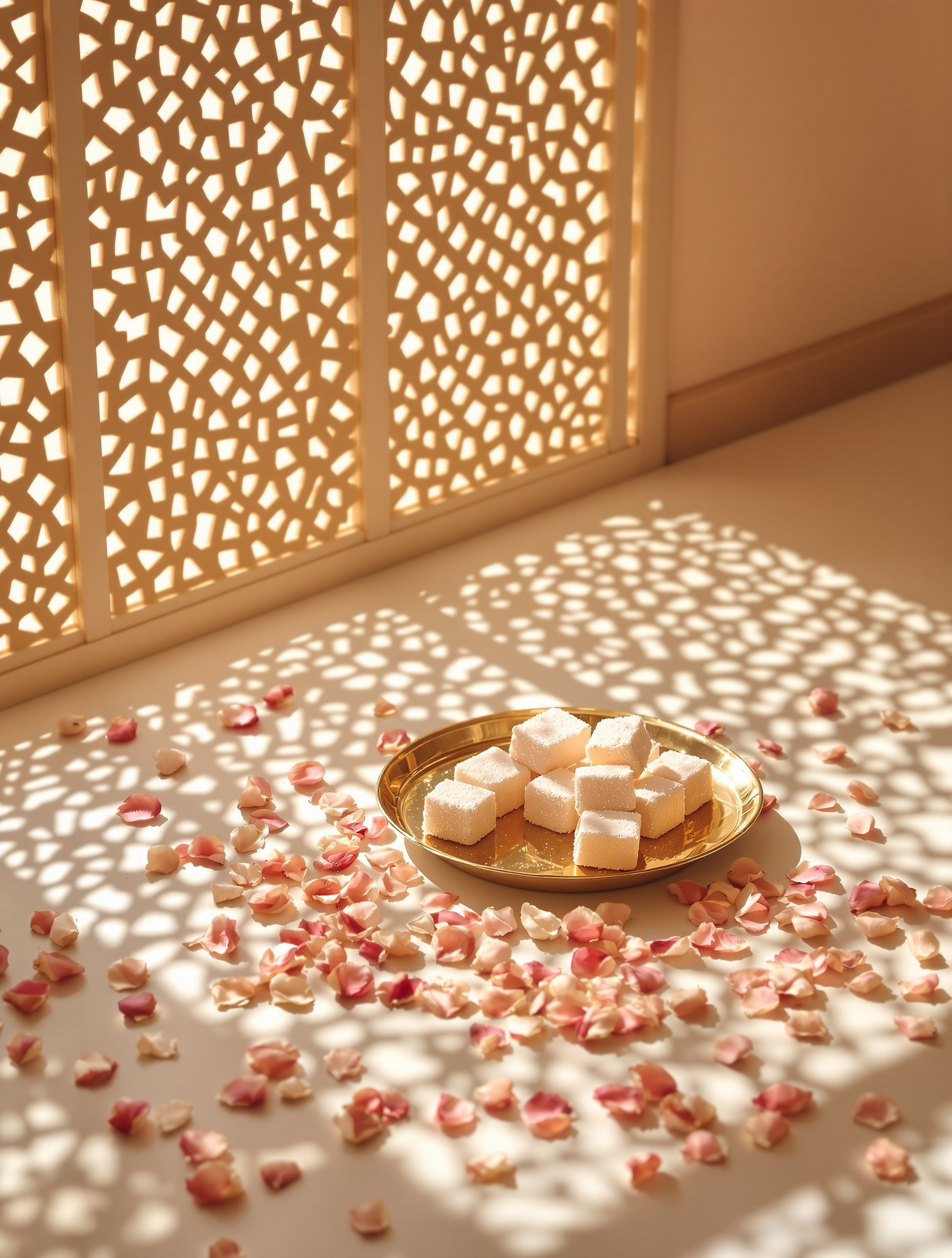 Geometric lattice light falls across rose petals and loukoum on marble for Delina Exclusif.