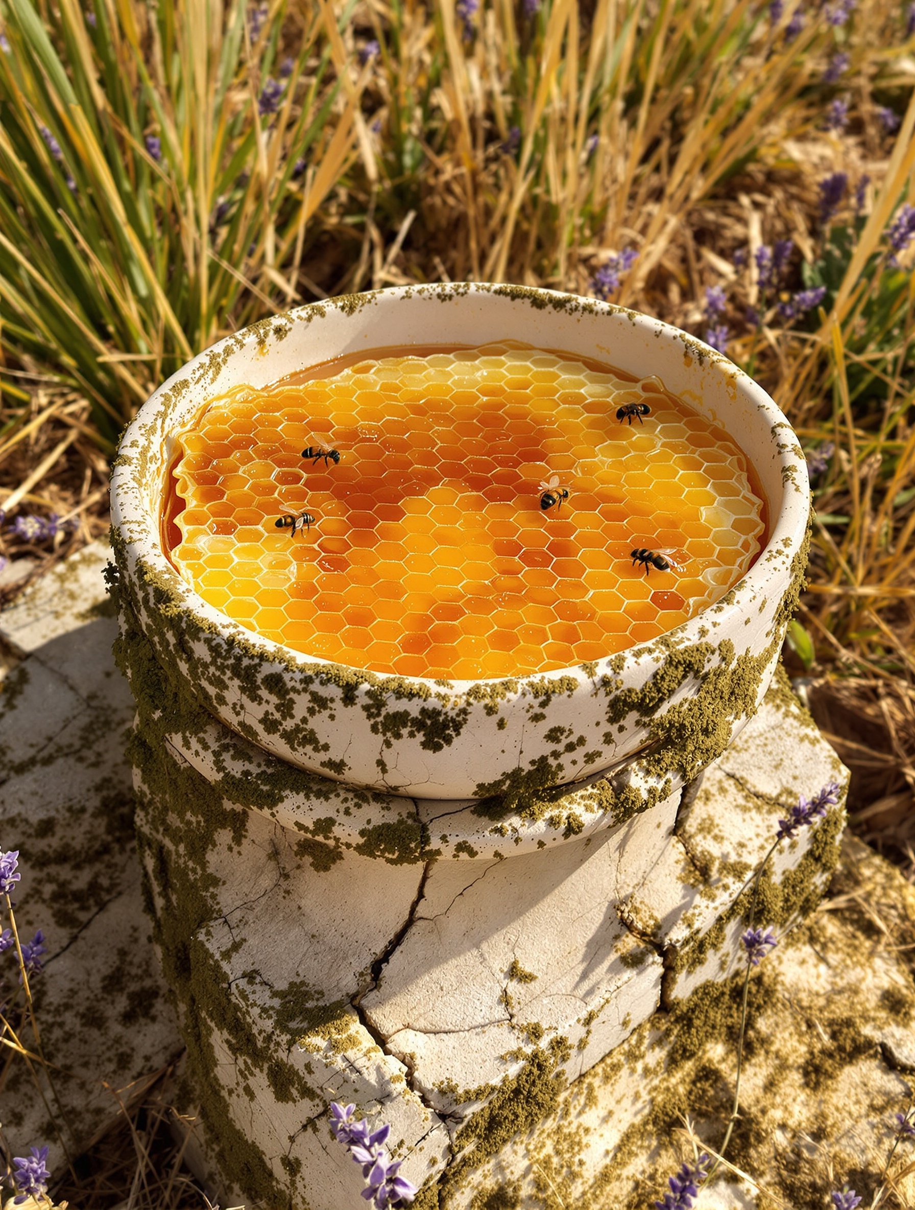 Raw honeycomb glowing on a half-buried ancient Greek marble capital in golden Sicilian afternoon light, evoking Naxos by Xerjoff.