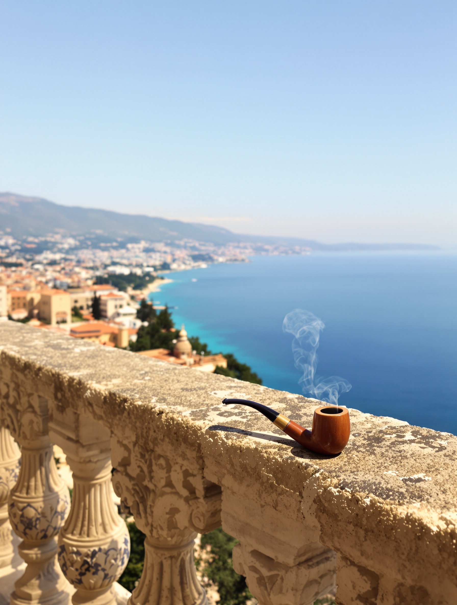 A smouldering briar pipe on a Norman-Arab palace balustrade overlooking the Sicilian coast at golden hour, embodying the opulent stasis of Naxos.